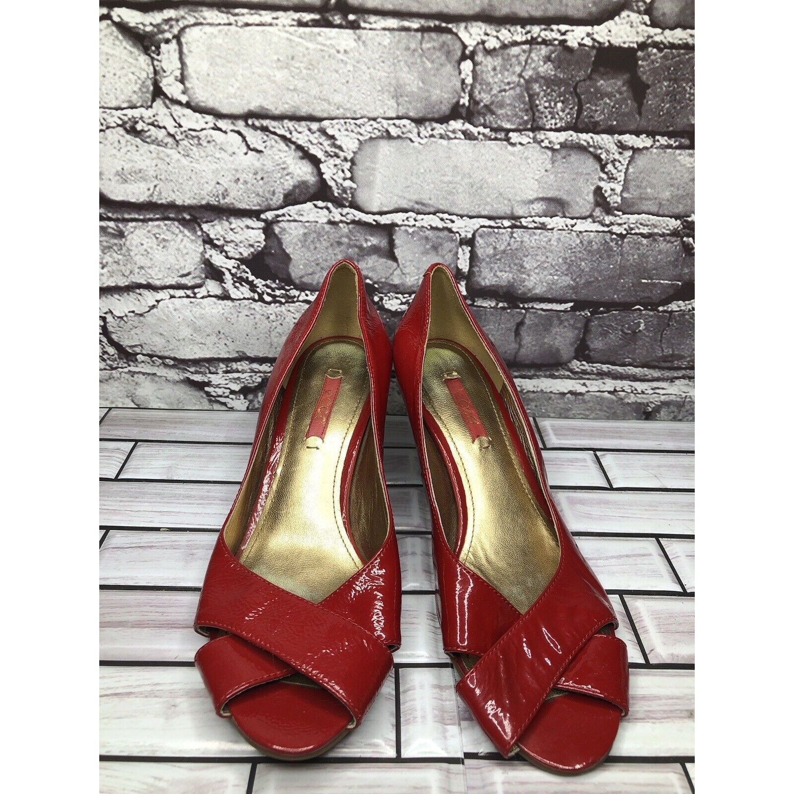 Ecco Ecco Red Patent Leather Peep Toe High Stacked Wooden Heels W Size US 7.5 / IT 37.5 - 18 Thumbnail