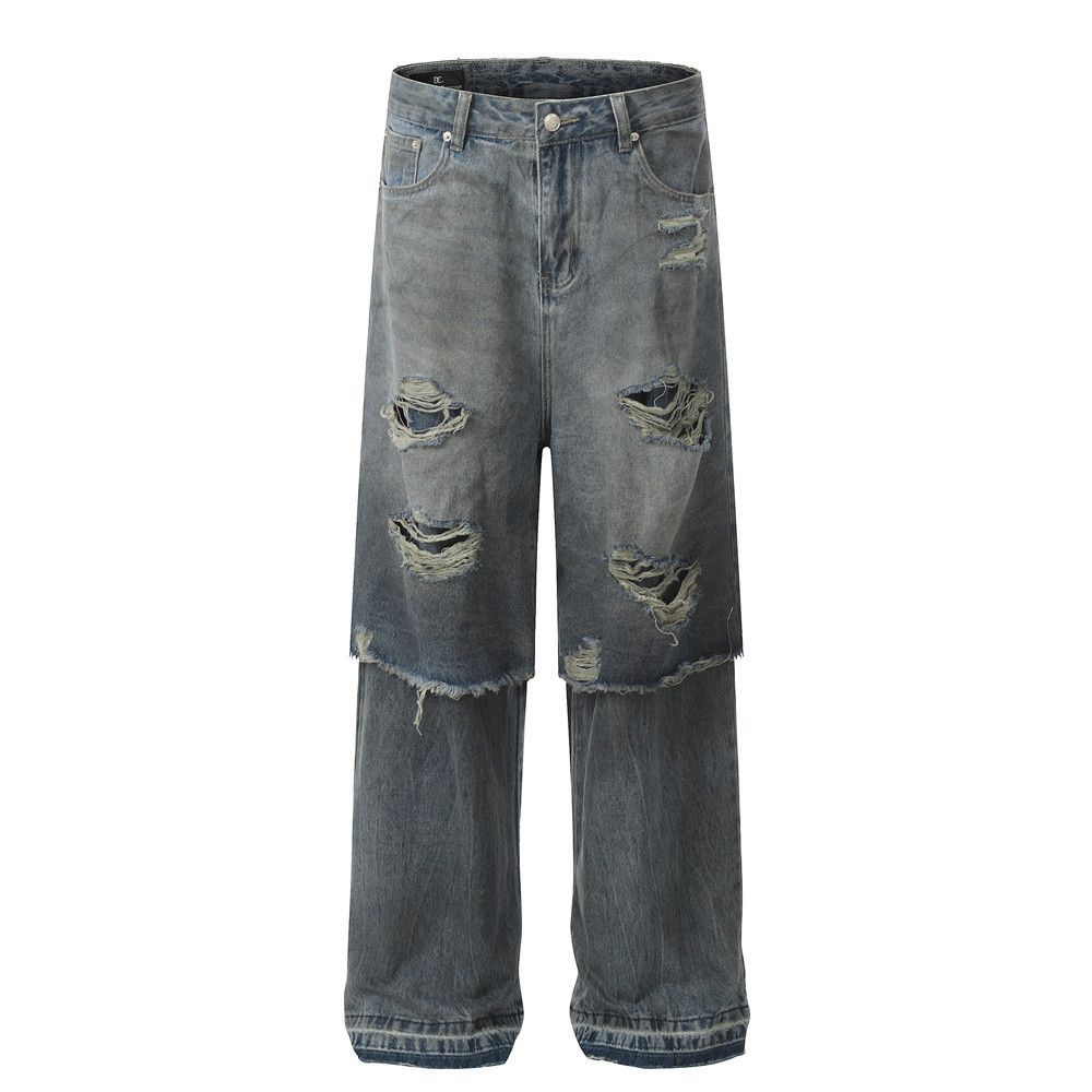 Japanese Brand × Jean Men's washed distressed heavy ripped fake two-piece jeans Size US 32 / EU 48 - 1 Thumbnail