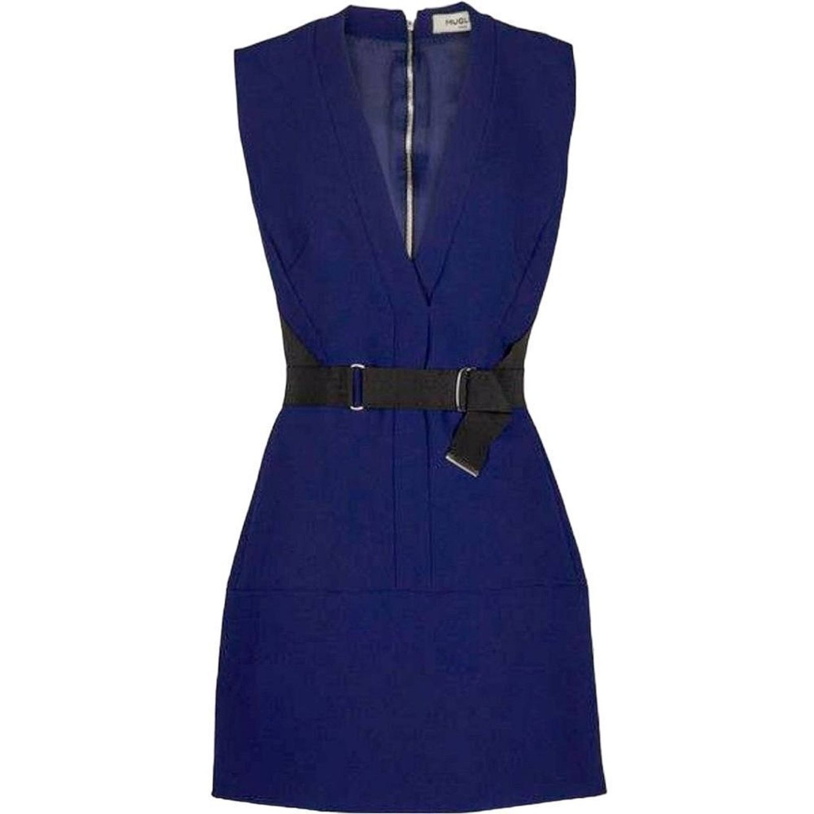 Mugler Mugler Blue Bonded Tailor A Line Belted Dress Size 38 US 6 Size S / US 4 / IT 40 - 1 Thumbnail
