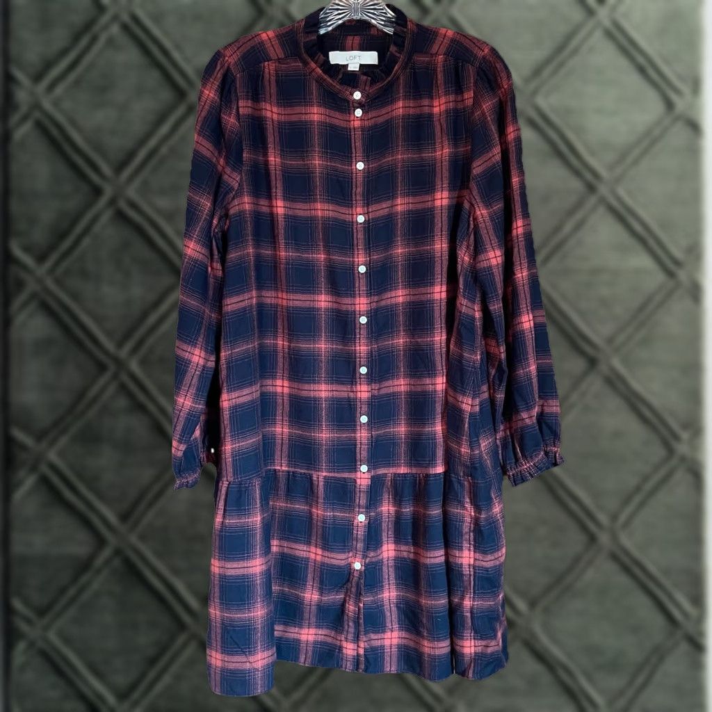 Loft LOFT Shirt Dress L Blue Soft Drop Waist Flannel Plaid Button Long Sleeve Shirt Dress, Casual, Women, Regular, Knee Length, Vintage: No Size L / US 10 / IT 46 - 1 Thumbnail