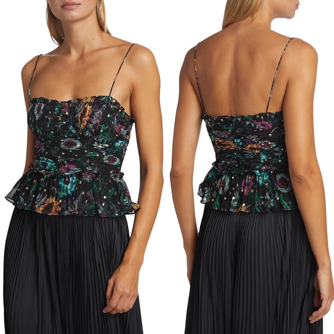 Ulla Johnson Ulla Johnson Amabel Silk Floral Ruched Crop Top Black Size 0 Size S / US 4 / IT 40 - 1 Thumbnail