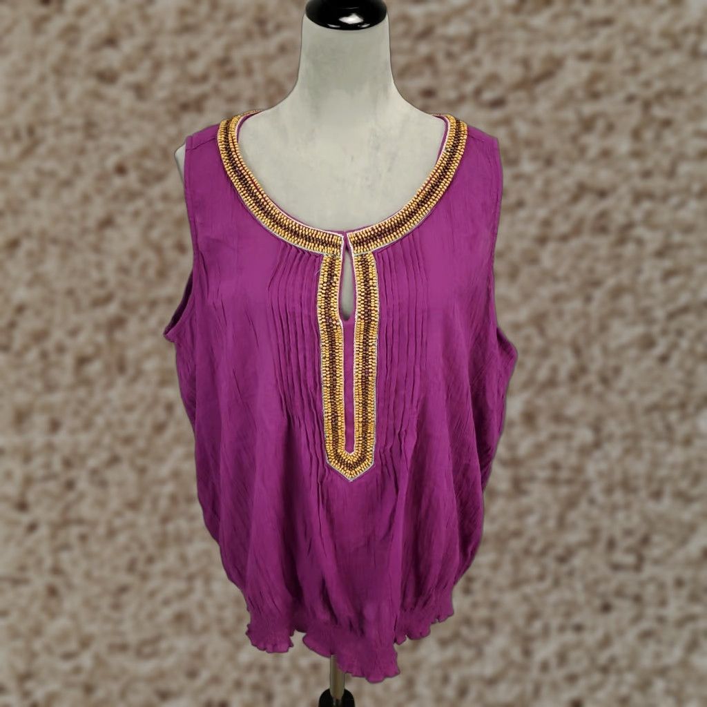 Vintage St. John's Bay Tank Womens 1X Purple Beaded Trim Boho Top Size XL / US 12-14 / IT 48-50 - 1 Thumbnail