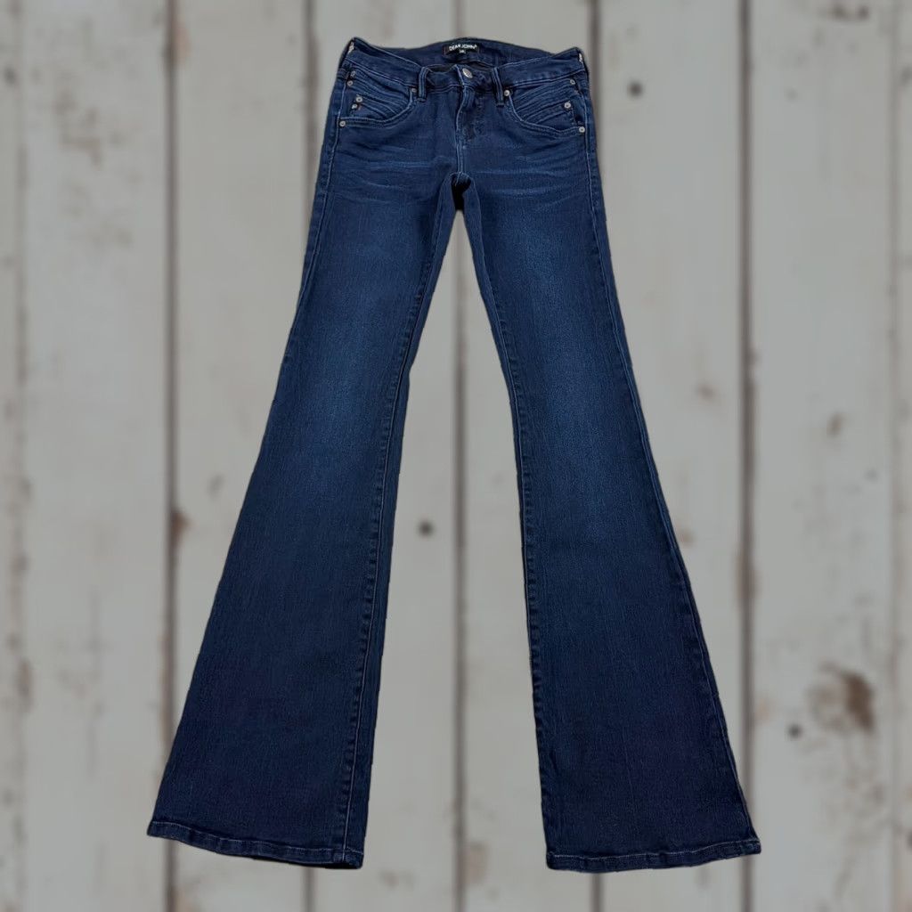 Denime Dear John Jeans Women Boot Cut Low Rise Dark Wash Stretch Denim 24x33 Regular 25 Blue Leather Logo? Size 42" / US 20 - 1 Thumbnail