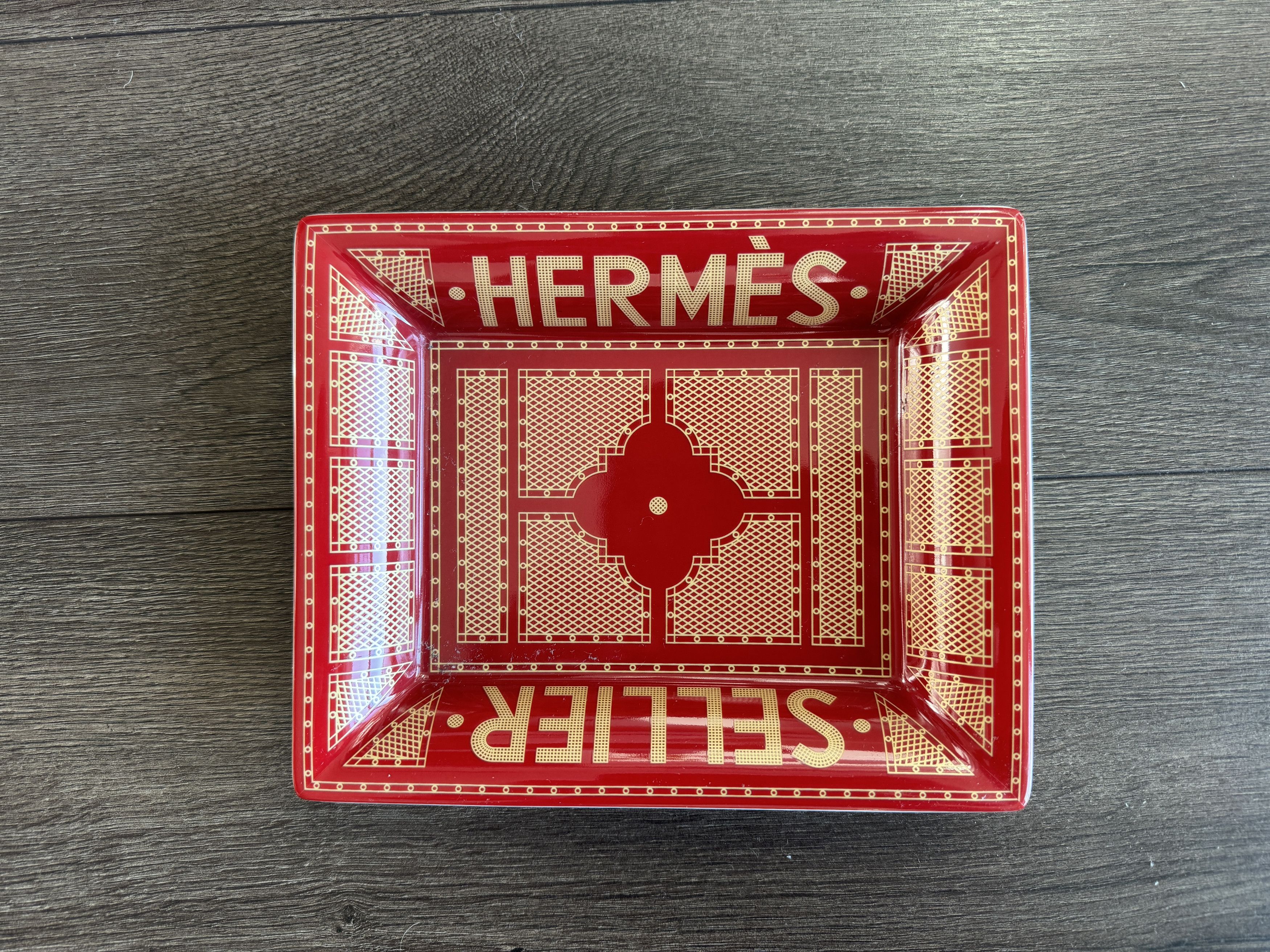 image of Hermes Sellier Porcelain Change Tray In Rouge W/ Packaging in Red, Men's