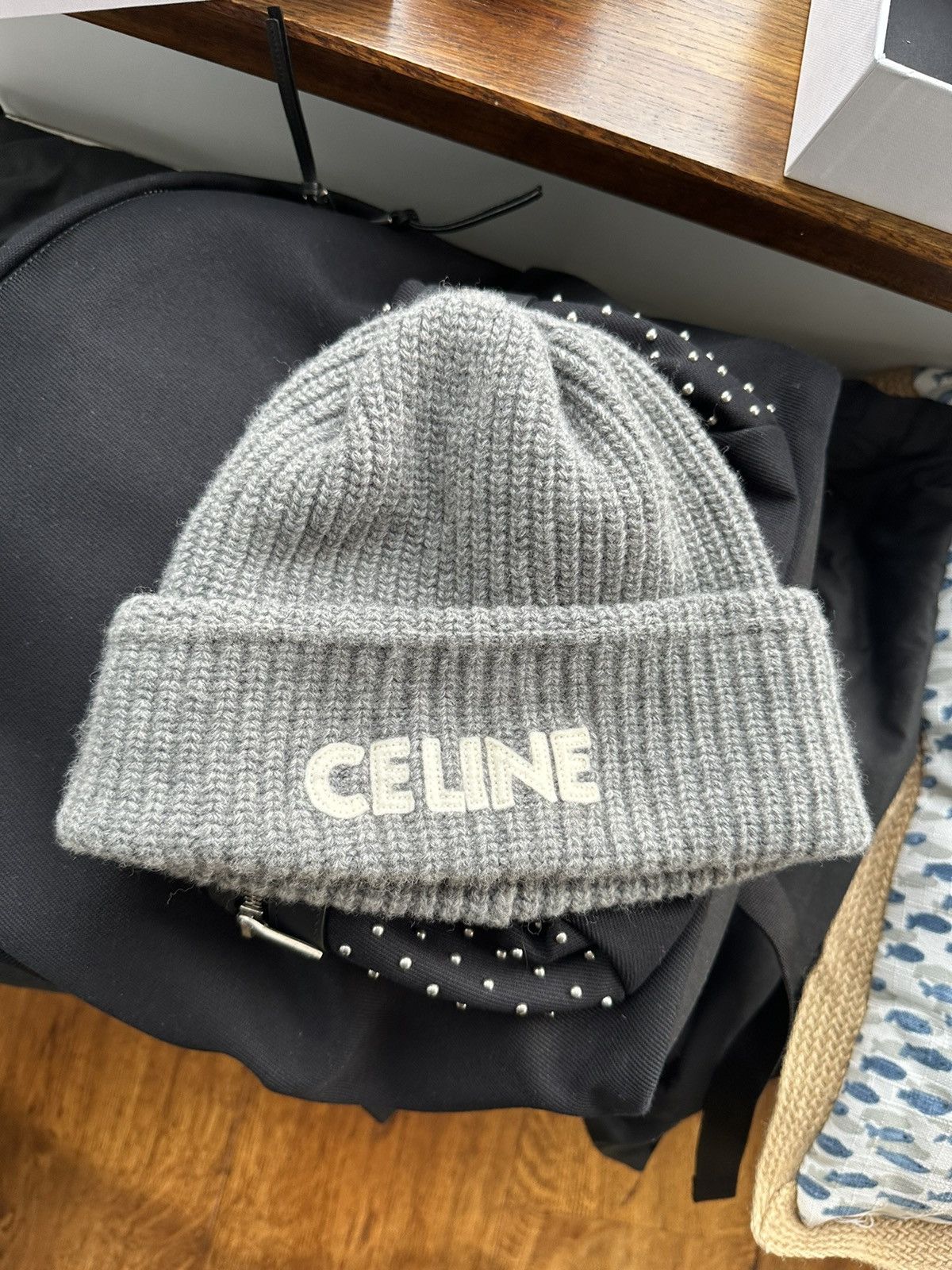 image of Celine Grey Logo Wool Beanie Hedi Slimane Hat, Men's
