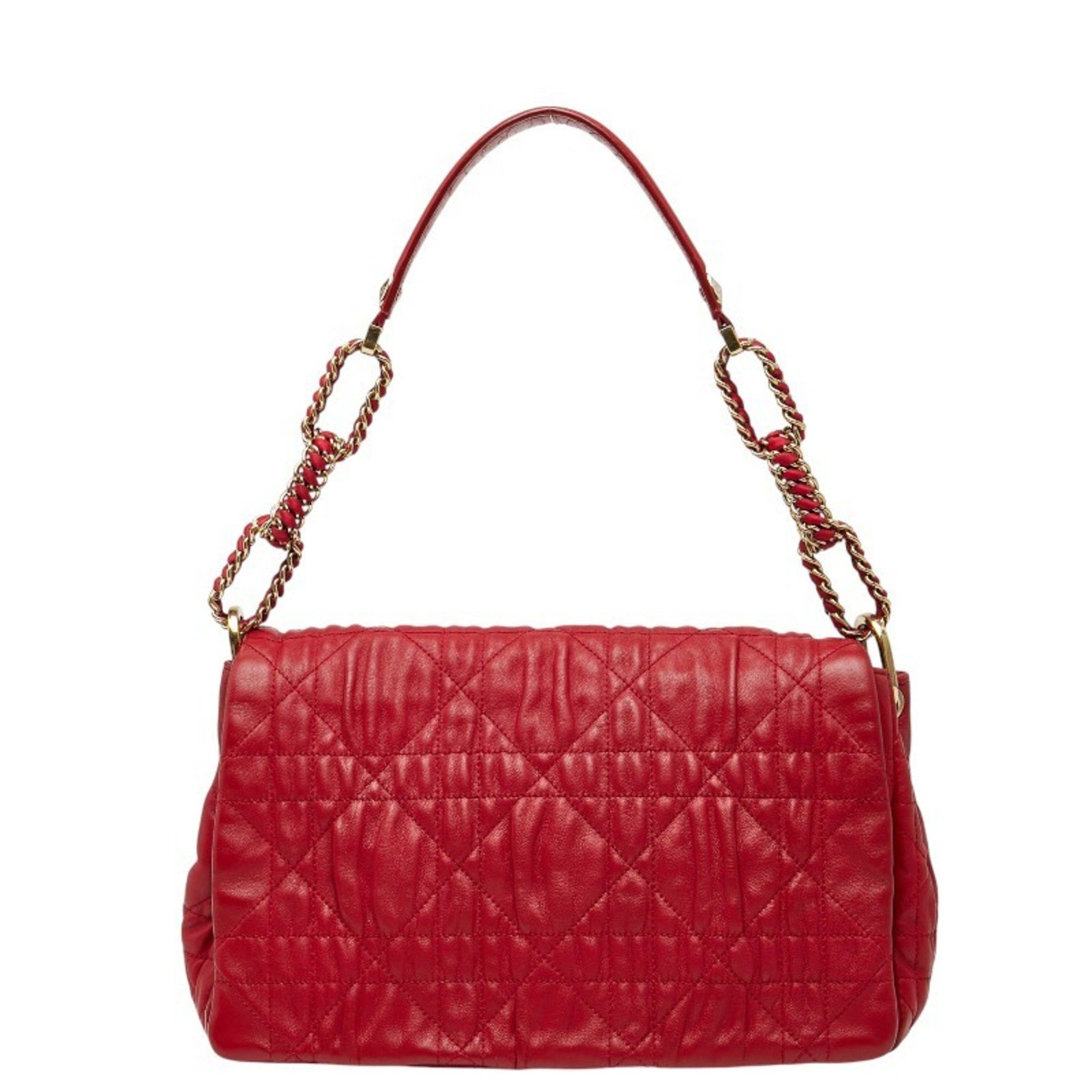 Christian Dior Dior Cannage Chain Shoulder Bag Handbag Red Leather Women's