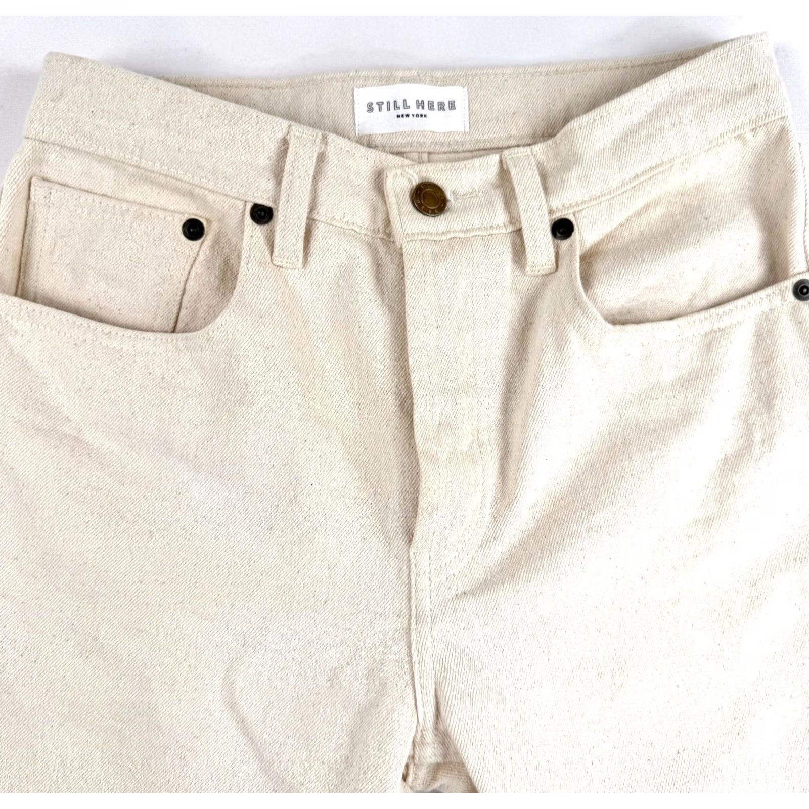 Still Here Still Here Jeans Womens 25 Ivory Bone Striped High Rise Denim Cotton 5-Pocket Logo Button Straight Vintage? Size 42" / US 20 - 2 Thumbnail