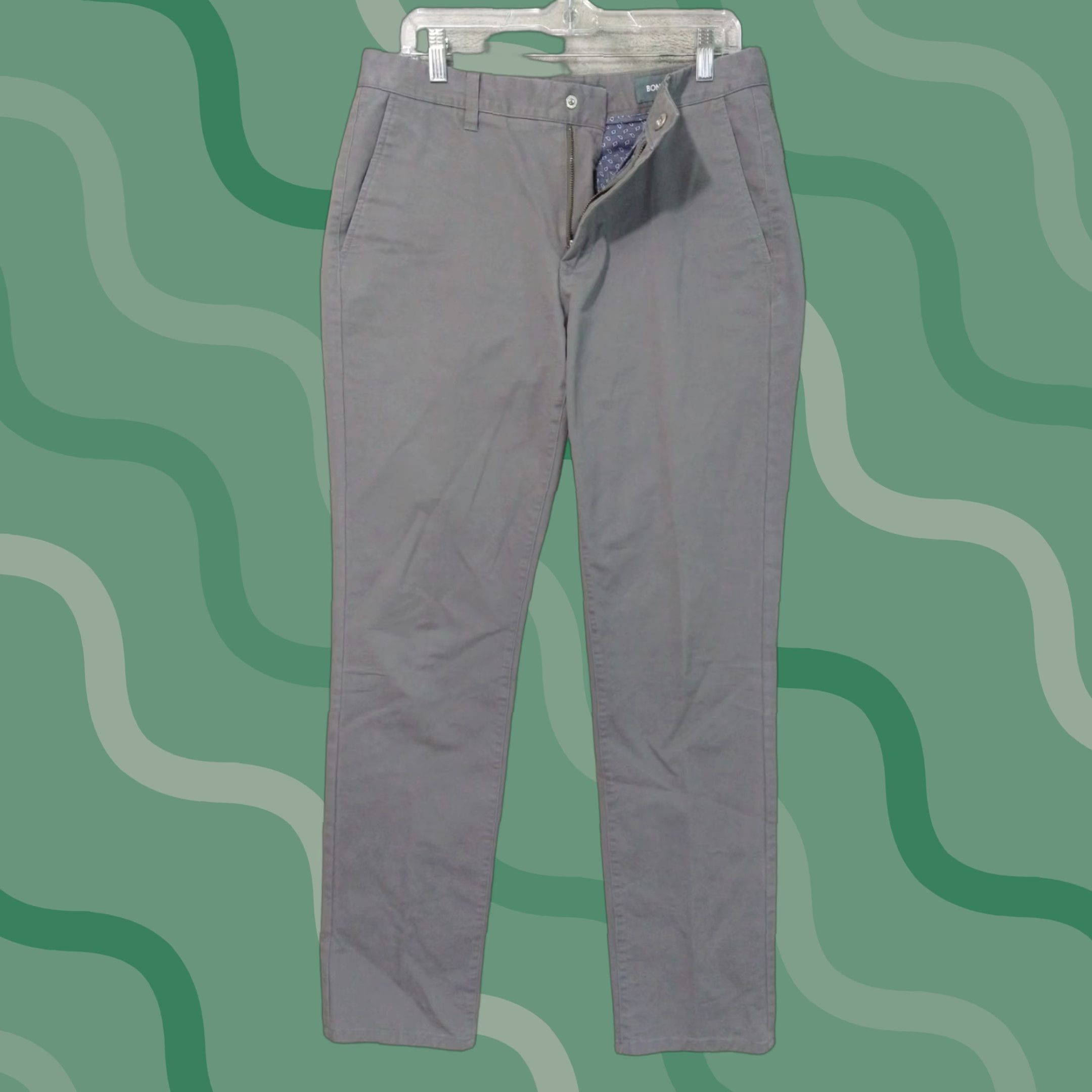 Bonobos Bonobos Slim Chino Pants Mens 32x34 Gray Washed Cotton Spandex Mid Rise Straight Flat Front 34 In Inseam Stretch Size US 32 / EU 48 - 1 Thumbnail