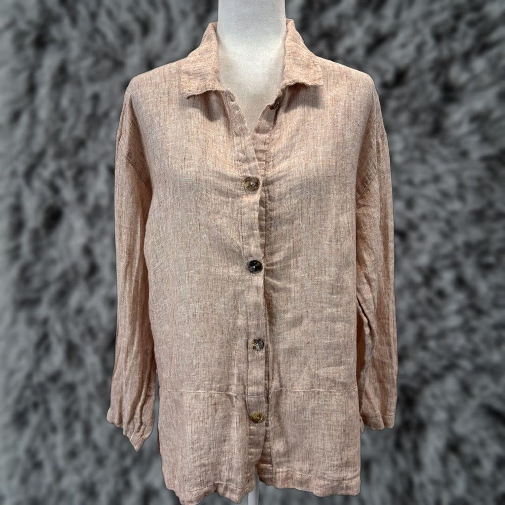 Vintage Aegean Women's Linen Button-Up Tunic Shirt Medium Long Sleeve Collared Orange/Brown Lagenlook Size M / US 6-8 / IT 42-44 - 1 Thumbnail