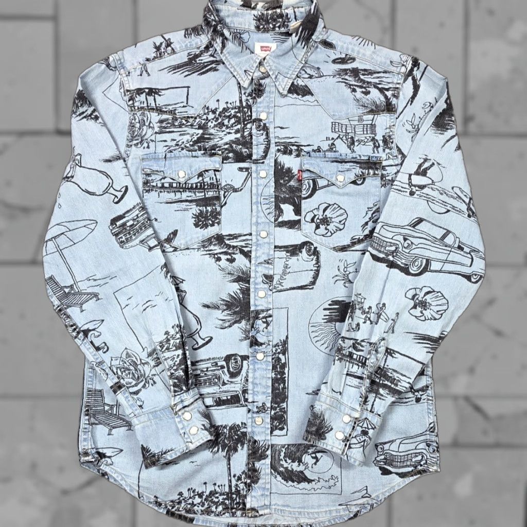 VINTAGE Levi’s Denim Western Pearl Snap Long Sleeve Blue Mens S All Over Graphic Print