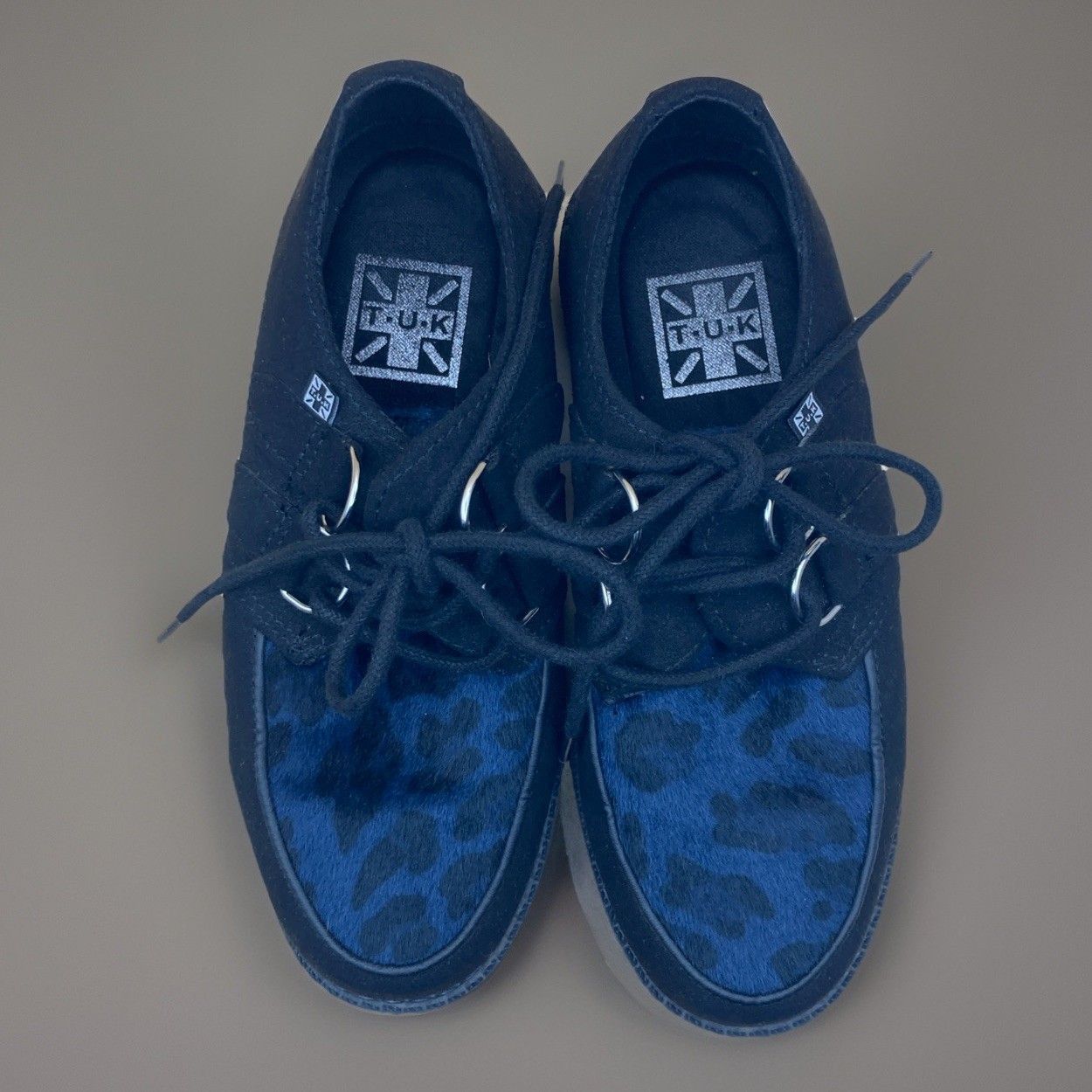 T.U.K. Footwear T.U.K Vegan Black & Navy Leopard D Ring Creeper Shoes W5 M3 Size US 5 / IT 35 - 1 Thumbnail