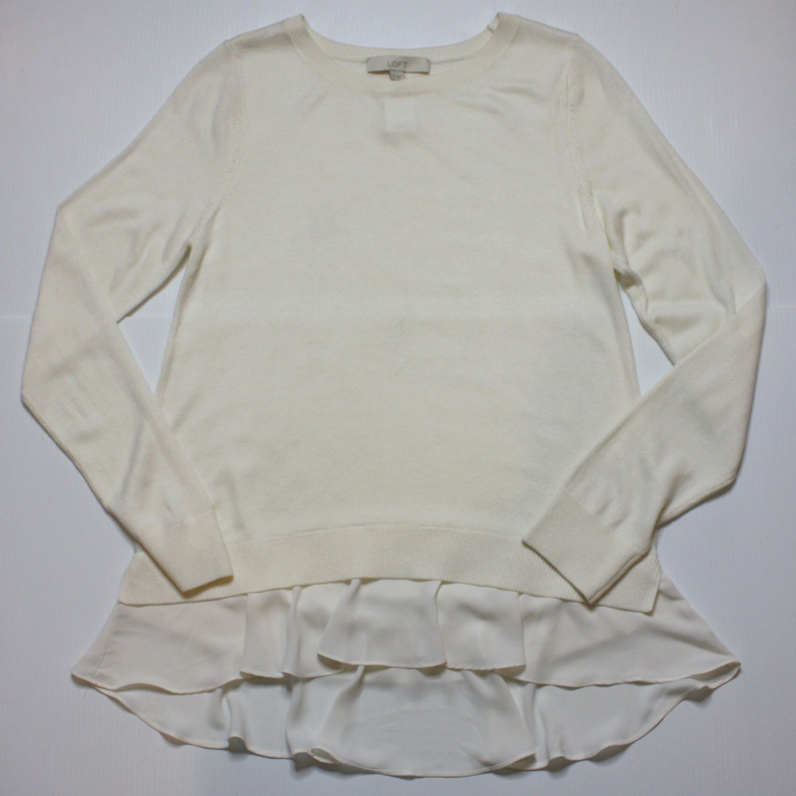 Loft Flounce Mixed Media Sweater Top in White Color NWT $64.90 Size M / US 6-8 / IT 42-44 - 2 Thumbnail