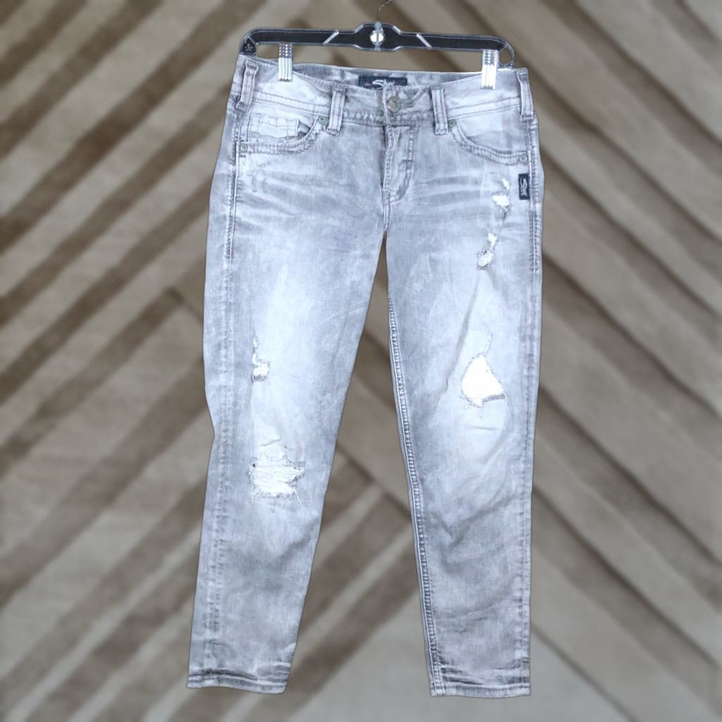 Silver Jeans Co. Silver Jeans Co. Gray Denim Mid Rise Elyse Skinny Crop Stretch 26x24 Jeans Womens Size 30" / US 8 / IT 44 - 1 Thumbnail