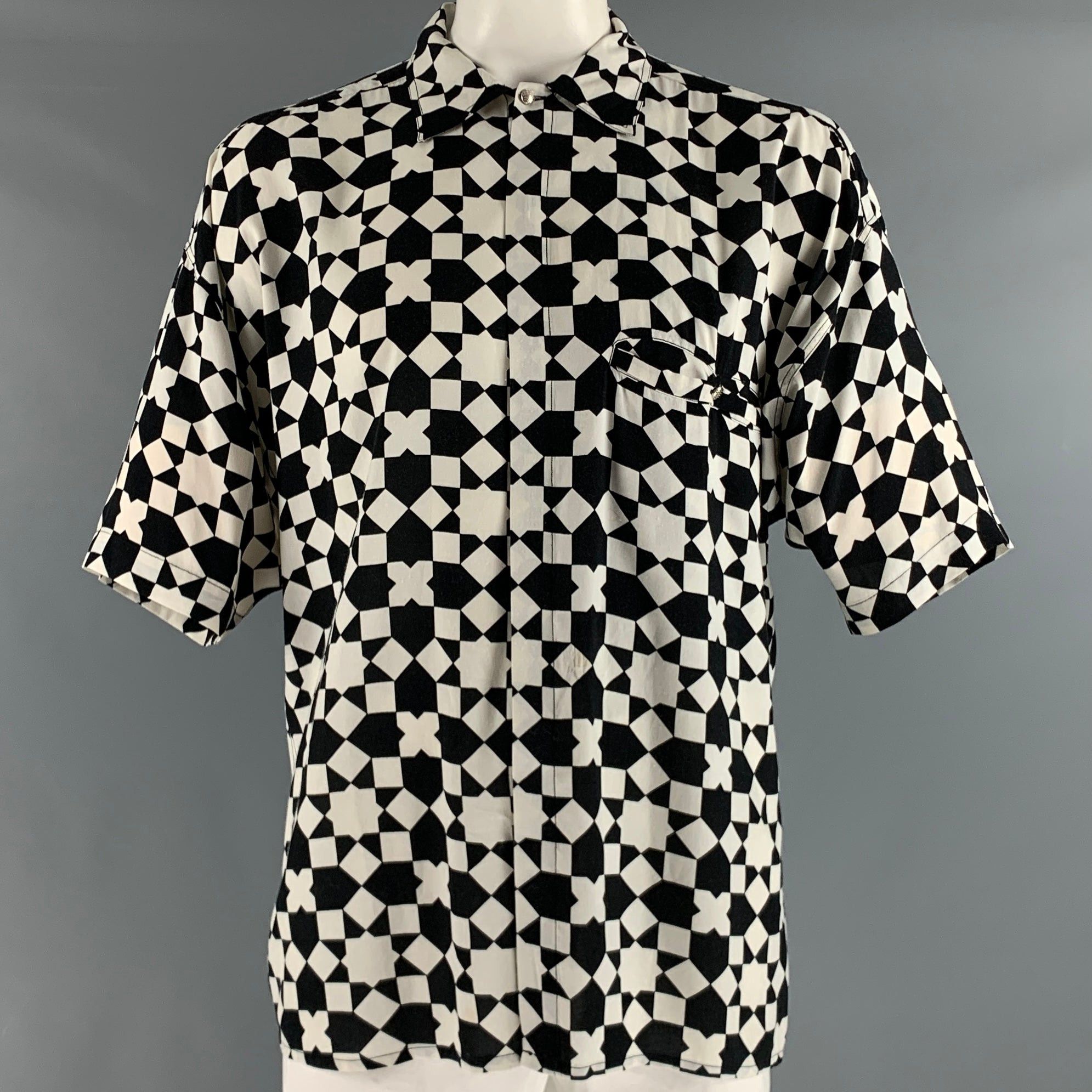 image of Versace Black White Geometric Rayon Short Sleeve Shirt, Men's (Size Medium)