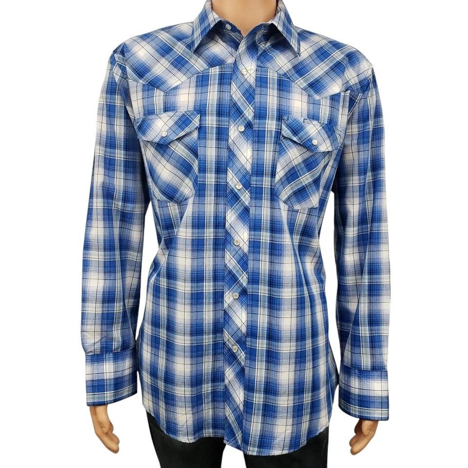 Wrangler NWOT Wrangler Western Snap Shirt Blue Plaid Check Men L Size US L / EU 52-54 / 3 - 4 Thumbnail