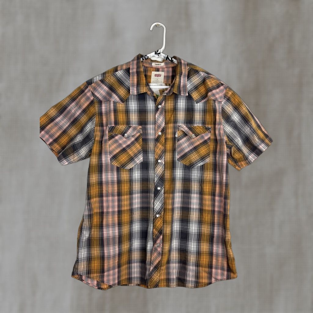 Levi's Levi's Shirt Mens XL Orange Gray Plaid Pearl Snap Standard Fit Short Sleeve Button-Up Size US XL / EU 56 / 4 - 1 Thumbnail