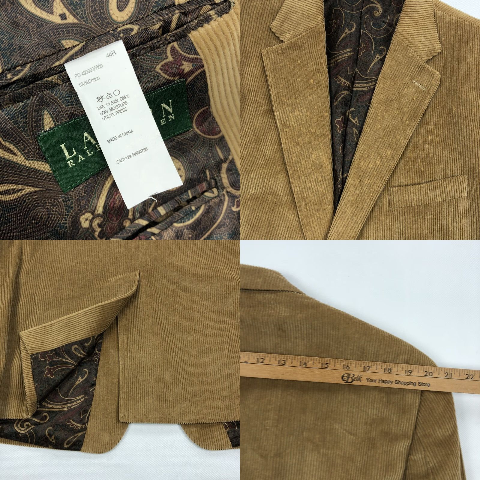Ralph Lauren Lauren Ralph Lauren Men's Blazer Corduroy Two Button Tan 44R Jacket Coat notched lapel"} Size 44R - 8 Thumbnail