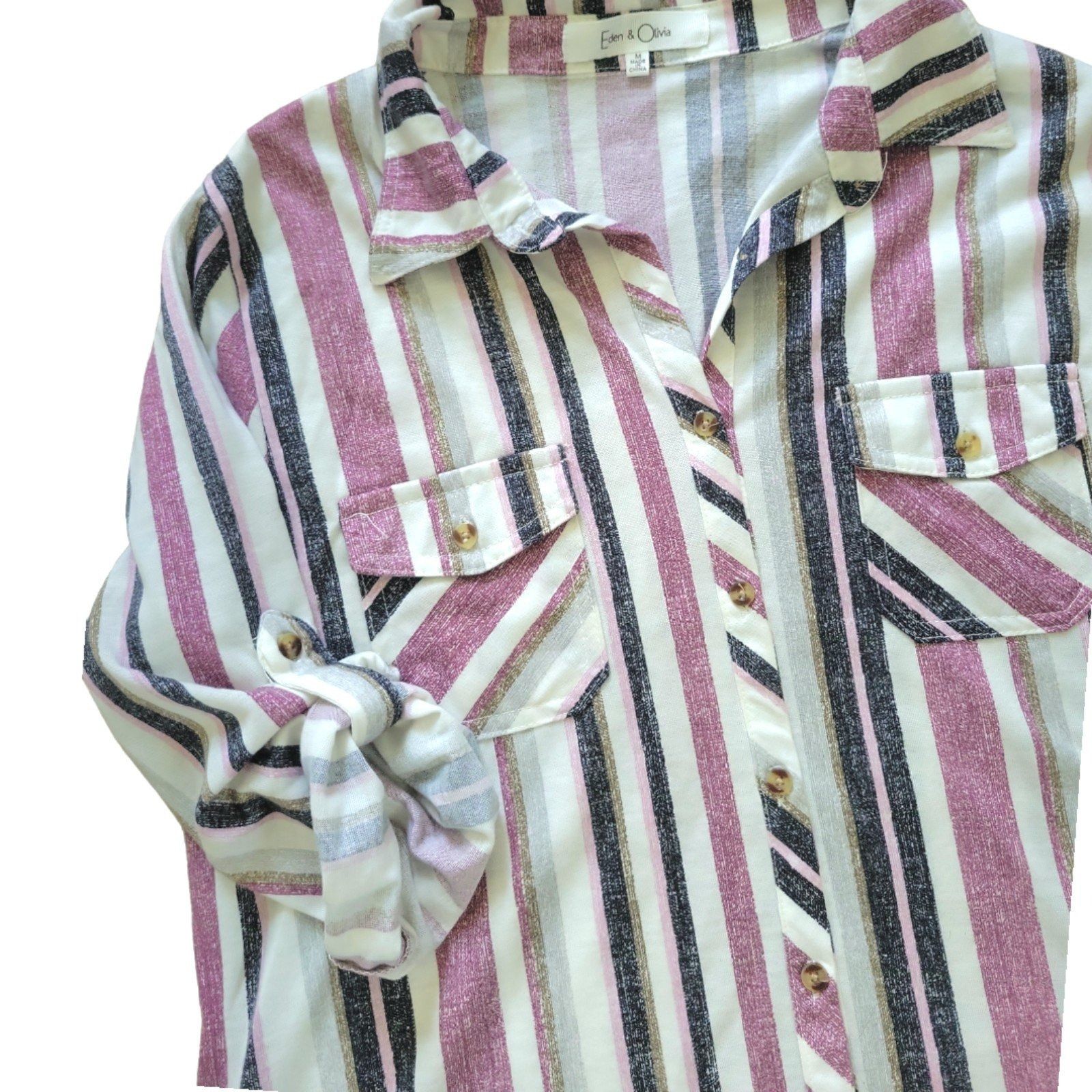 Other Womens M eden & Olivia purple striped 3/4 sleeve button tab Size M / US 6-8 / IT 42-44 - 6 Thumbnail