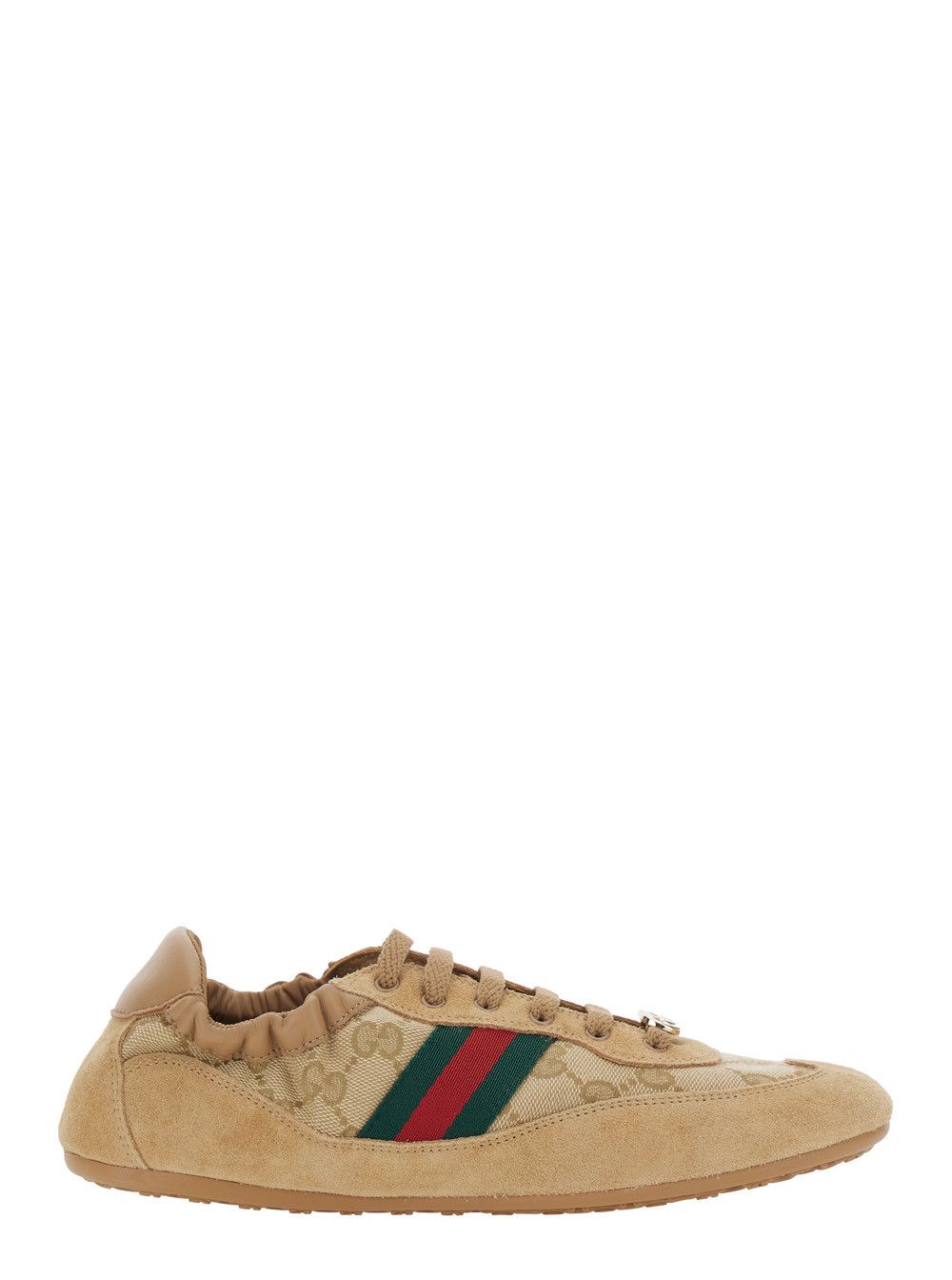 Gucci Beige Low Top Sneakers with GG Plaque on the Lace and Web Band on the Side in GG Canvas and Suede Woman Size US 9 / IT 39 - 1 Thumbnail