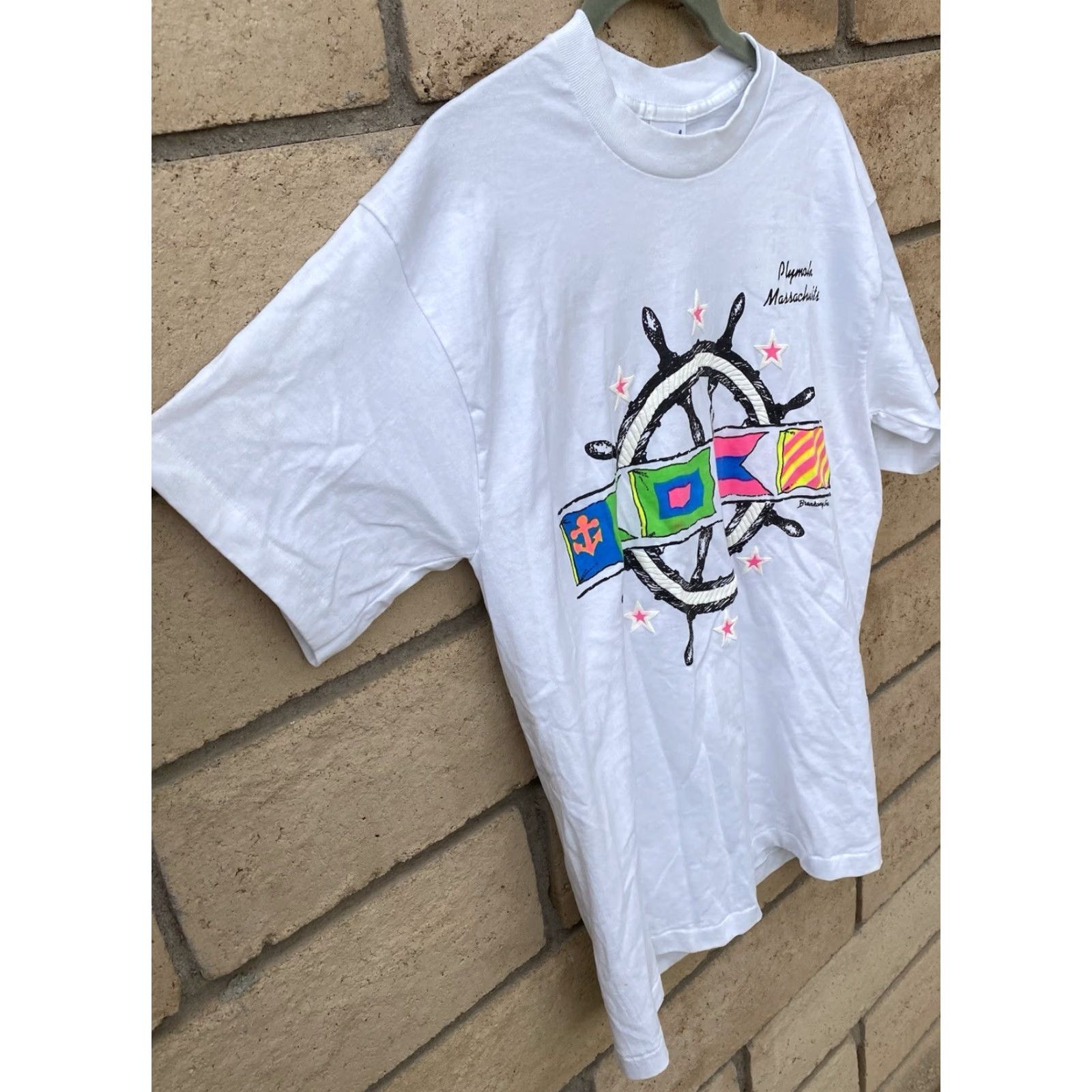 Nautica VINTAGE Bravo By Breakaway Inc T-Shirt Nautical White L Mens Plymouth Massachusetts Neon Graphics Tee Shirt Size US L / EU 52-54 / 3 - 3 Thumbnail