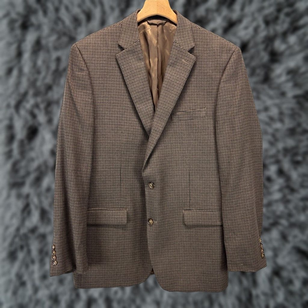 Ralph Lauren VINTAGE Lauren Ralph Lauren Houndstooth Blazer Jacket 44L Big & Tall Brown Navy Mens Sports Size 44L - 1 Thumbnail