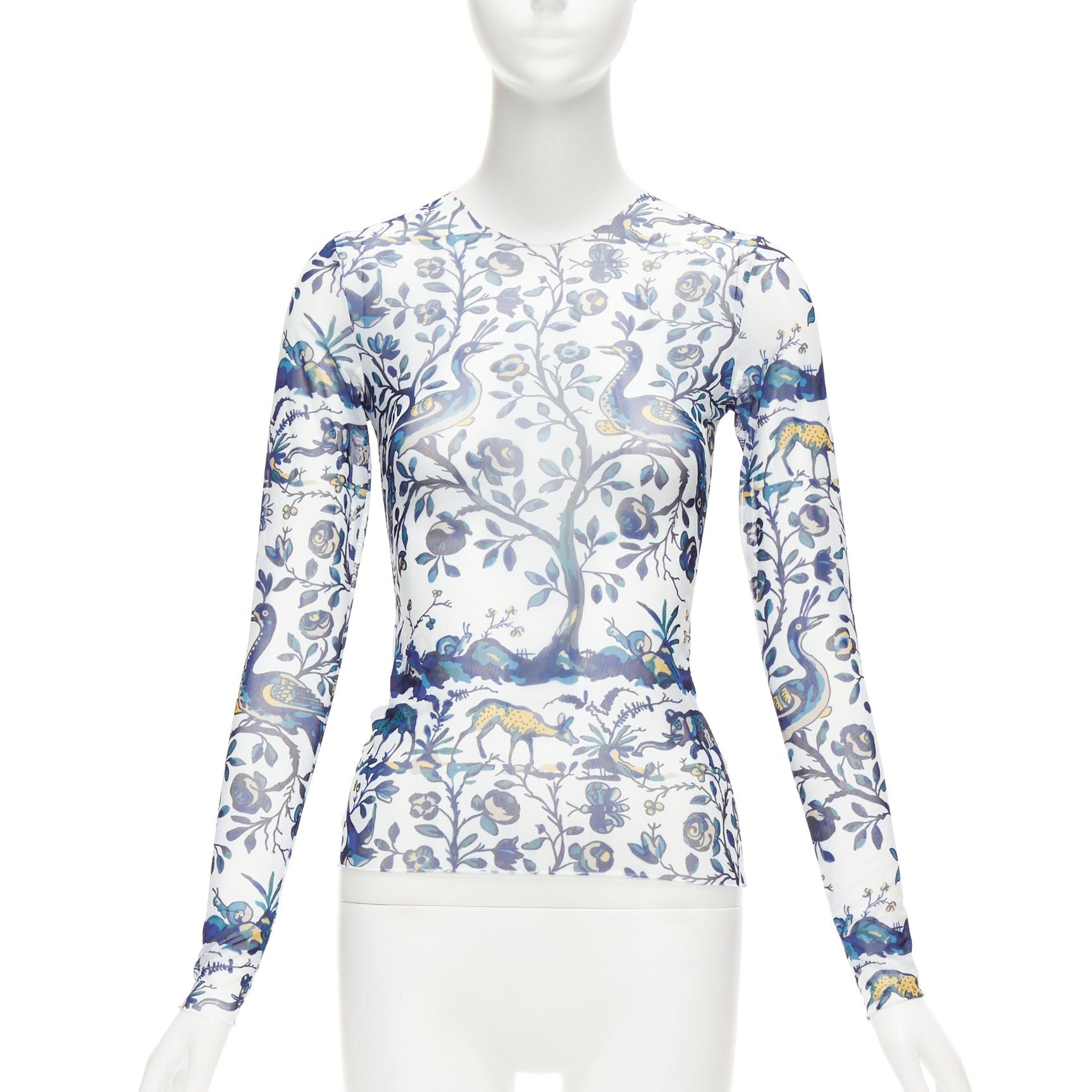 Image of Marques Almeida Blue White Animal Floral Print Mesh Long Sleeve Top Xs, Women's