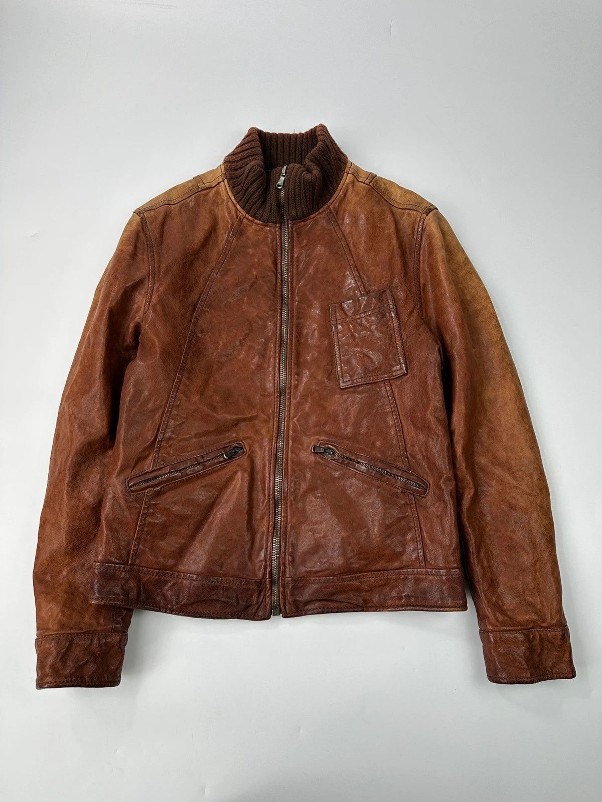 Dolce & Gabbana Dolce Gabbana Brown Faded Chunky Wool Collar Leather Jacket Size US S / EU 44-46 / 1 - 1 Thumbnail