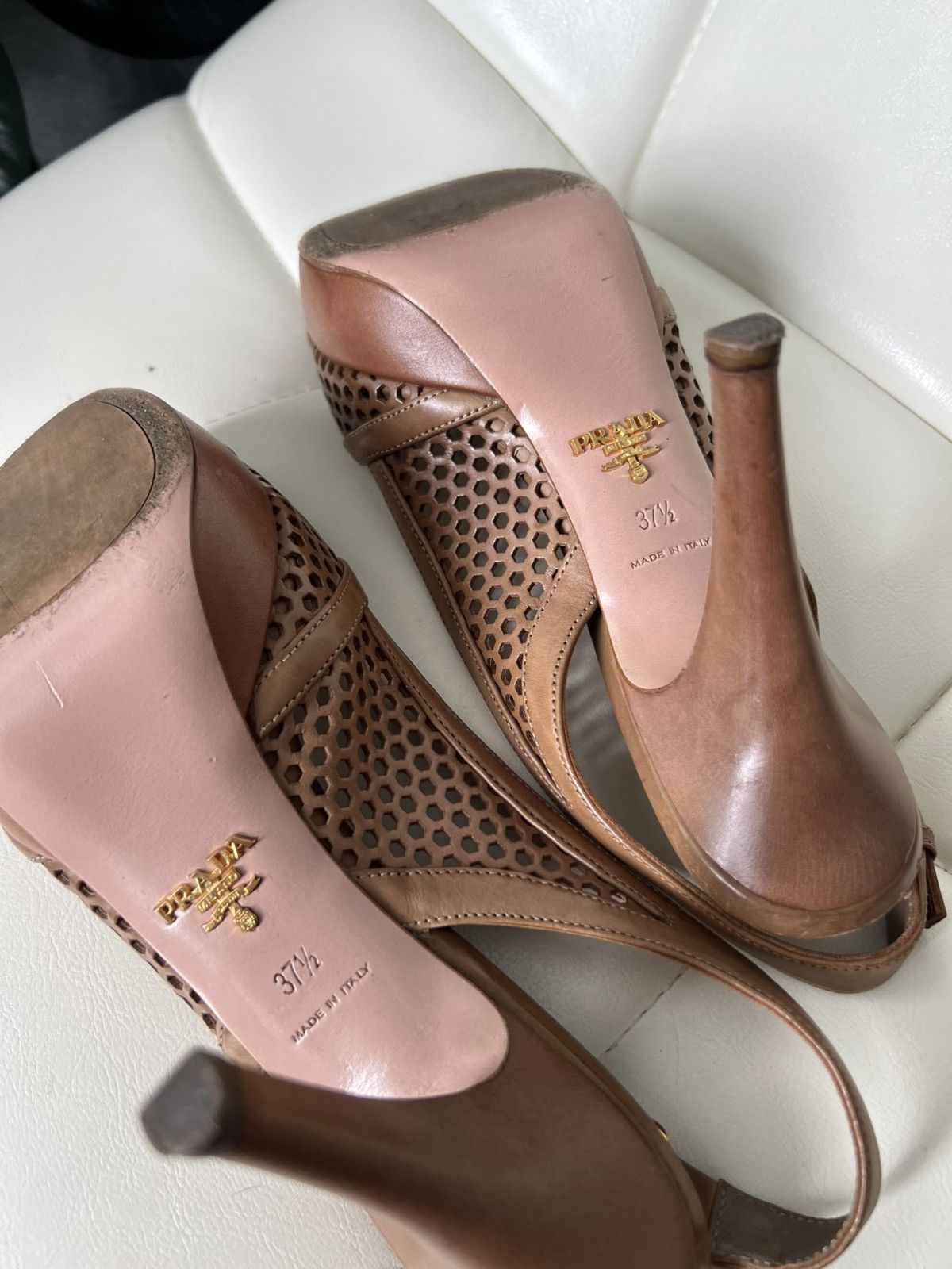 Prada Prada Brown Leather Cutout Peep Toe Slingback Platform Heels Size US 7.5 / IT 37.5 - 18 Thumbnail