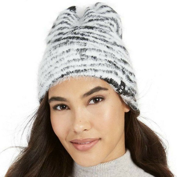 DKNY DKNY Fuzzy Animal Print Beanie Black and White Size ONE SIZE - 1 Thumbnail