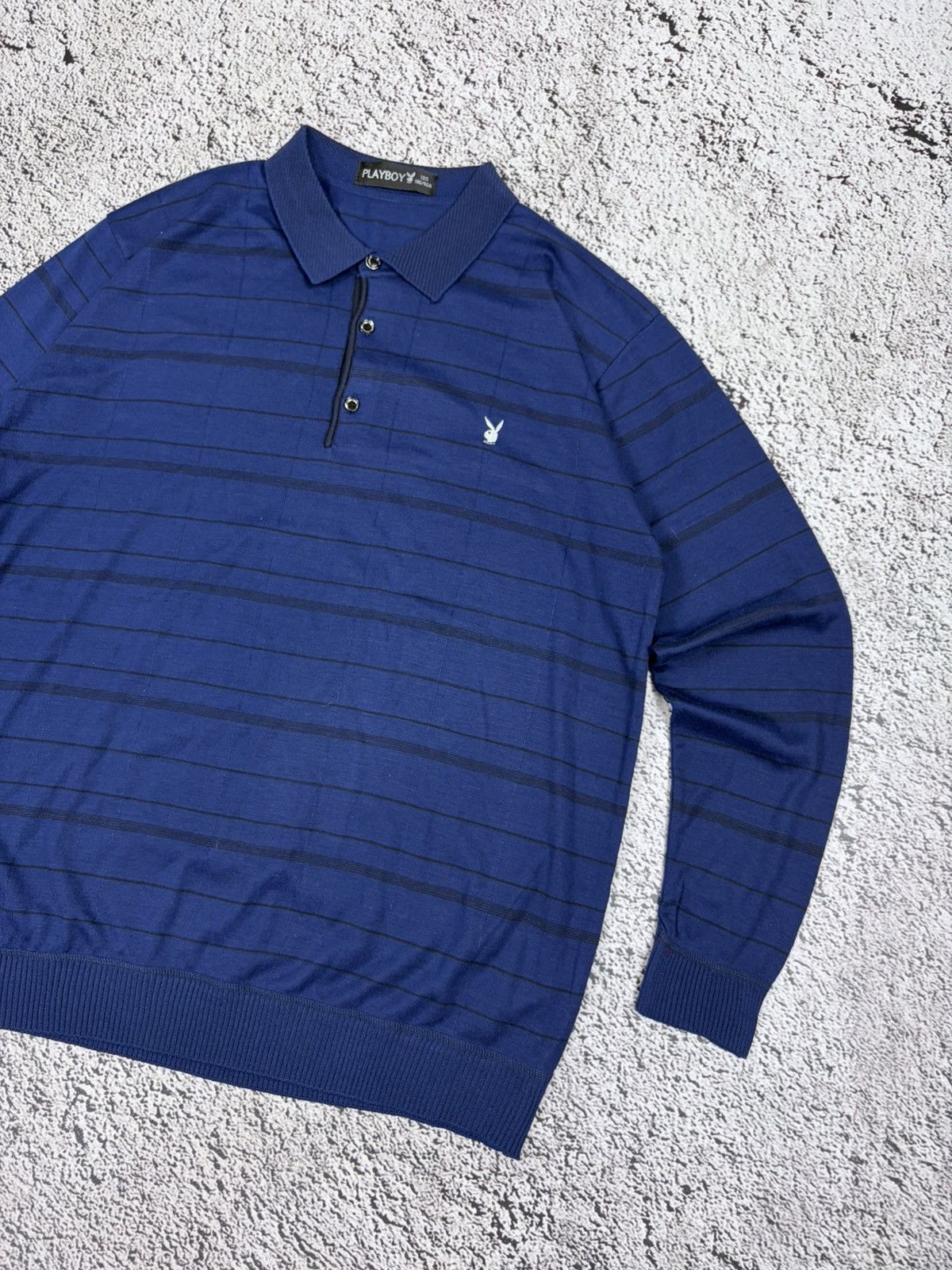 Playboy Playboy Vintage Style Striped Long Sleeve Polo Shirt Blue Size US M / EU 48-50 / 2 - 3 Thumbnail