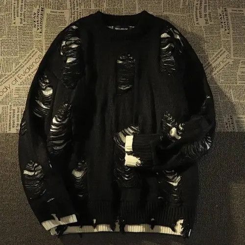 image of Vintage Fashionable Men's Sweater With Holes in Black (Size Medium)