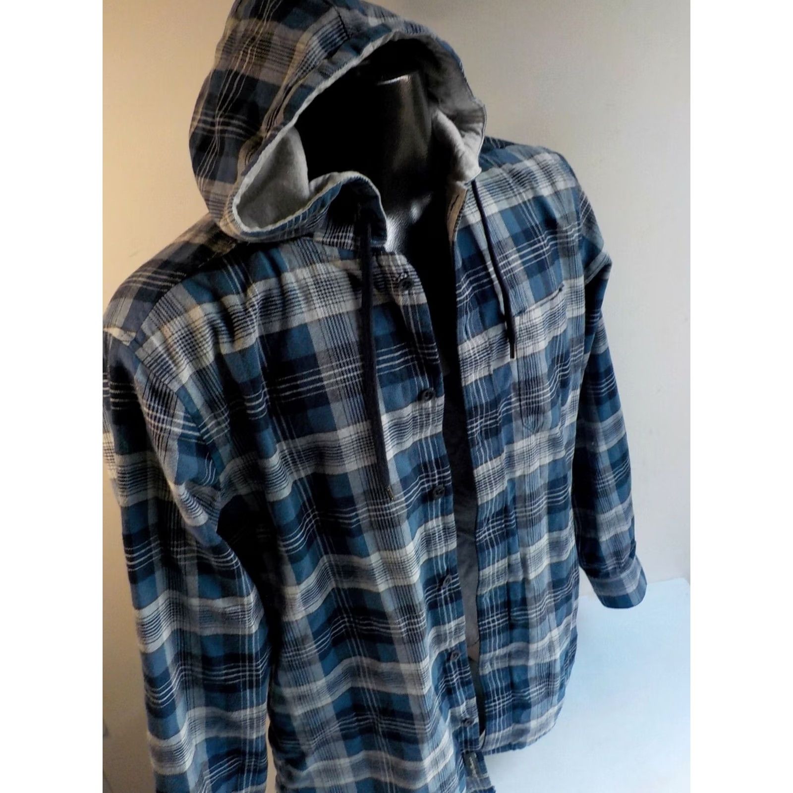 Eddie Bauer EDDIE BAUER Men's Plaid Lined Hoodie Button Front Jacket Shirt Jacket Blue Gray Cotton SZ MED Size US M / EU 48-50 / 2 - 3 Thumbnail