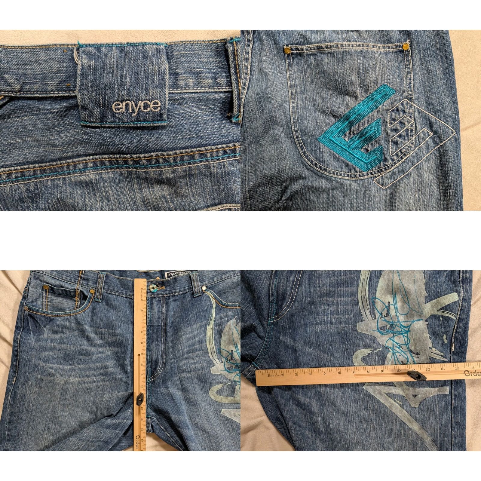 Enyce VTG Enyce Jeans Mens 42x34 Blue Baggy Embroidered Wide Leg Hip Hop Skater Y2K Jeans Mens 42 Blue Embroidered Baggy Wide Leg Hip Hop 90s Retro Mens Size US 42 / EU 58 - 9 Thumbnail