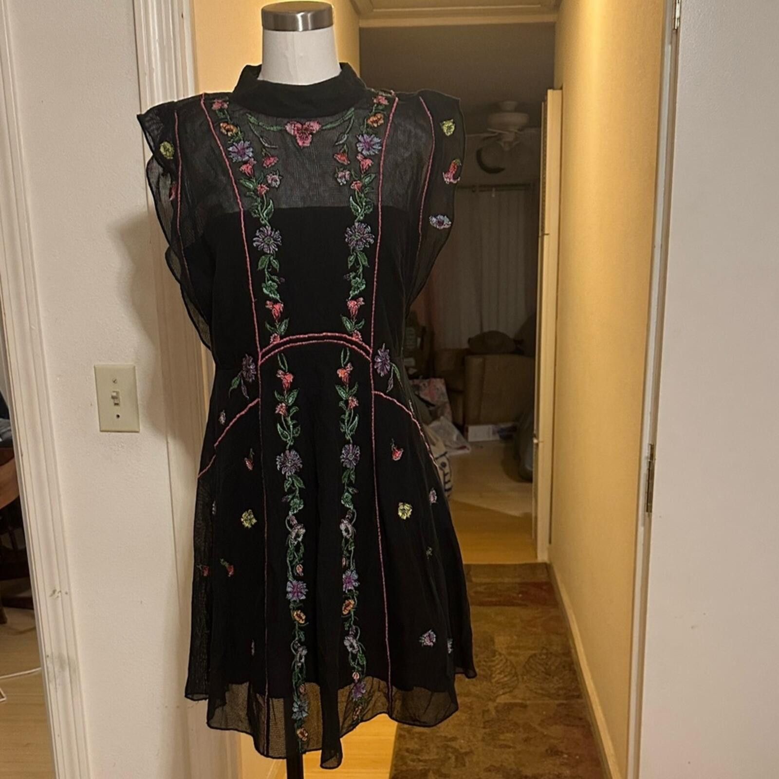 Free People Black Riviera Embroidered Illusion Mini Dress Size XL / US 12-14 / IT 48-50 - 6 Thumbnail