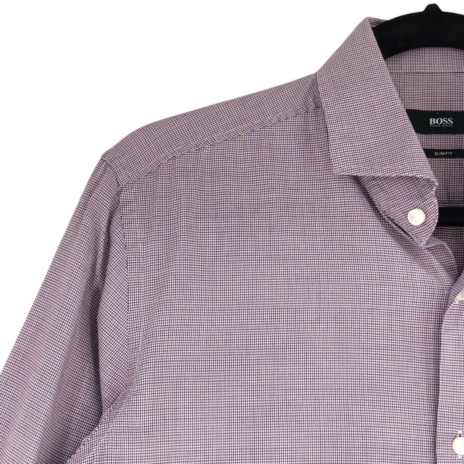 Hugo Boss Hugo Boss Dress Shirt 5.5 39 Slim Fit Purple Micro Check Size US M / EU 48-50 / 2 - 6 Thumbnail