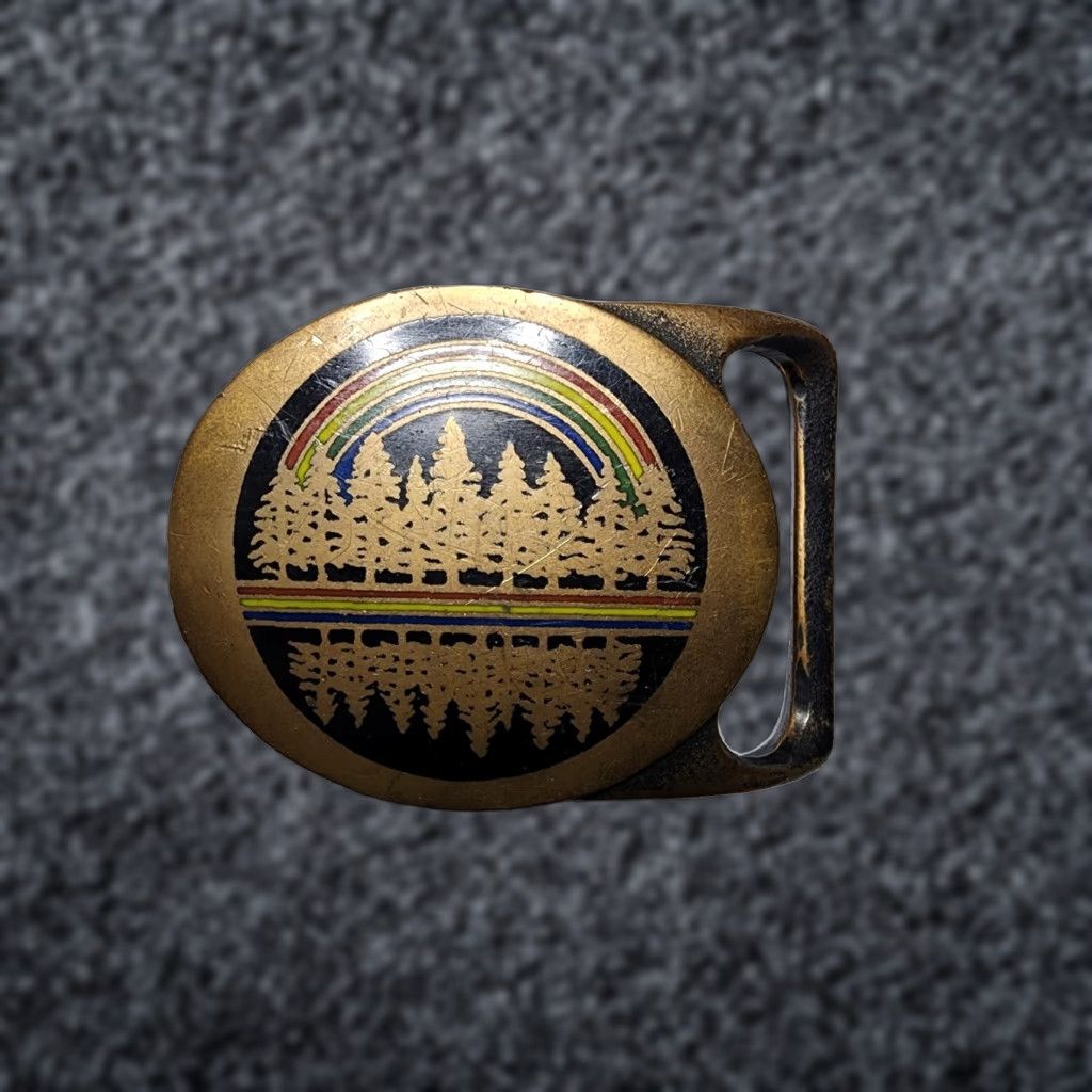 VINTAGE Tech Ether Solid Brass Belt Buckle Rainbow Forest Trees Hippie Multicolor Mens