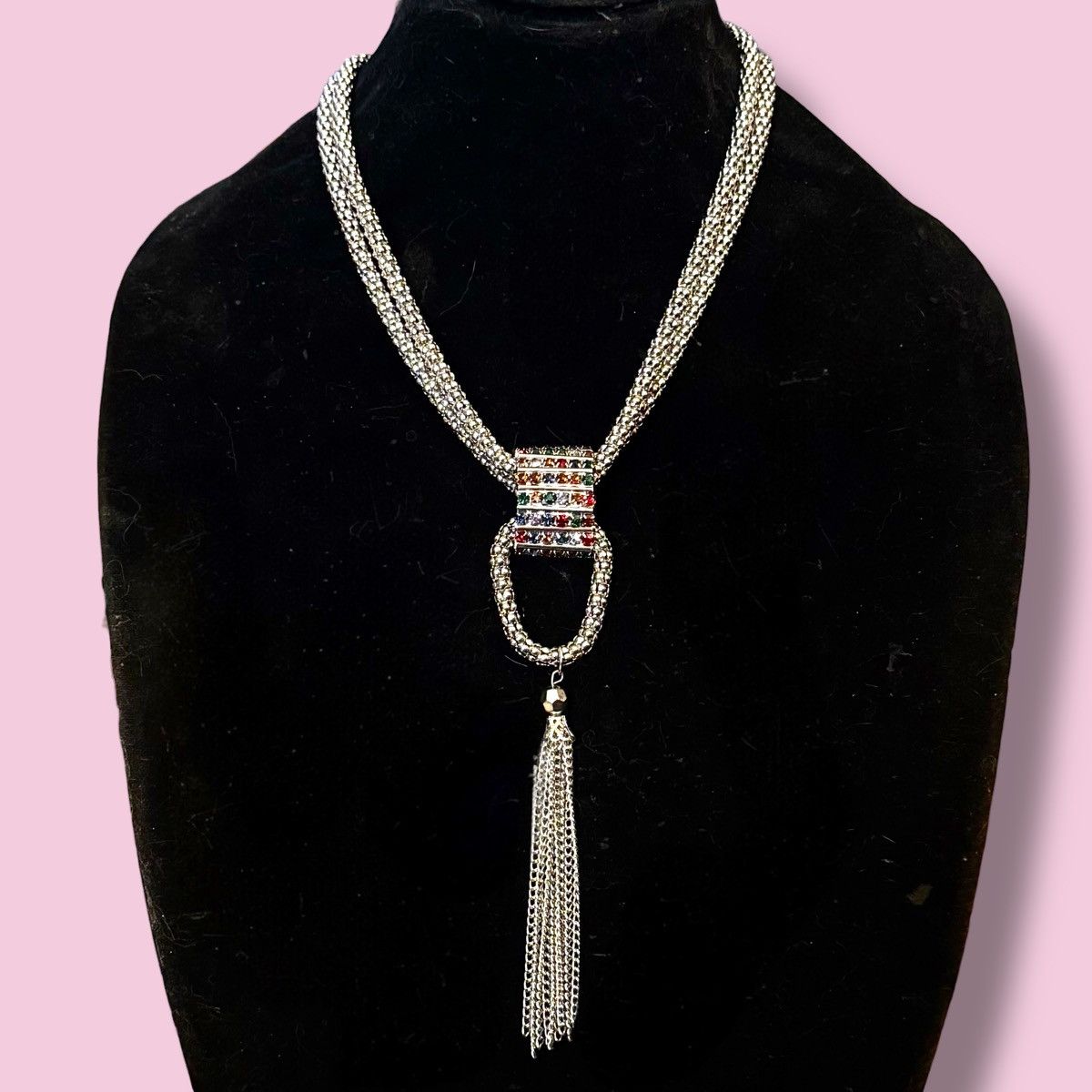 Other Chunky doubled silver multicolor rhinestone tassel necklace Size ONE SIZE - 1 Thumbnail