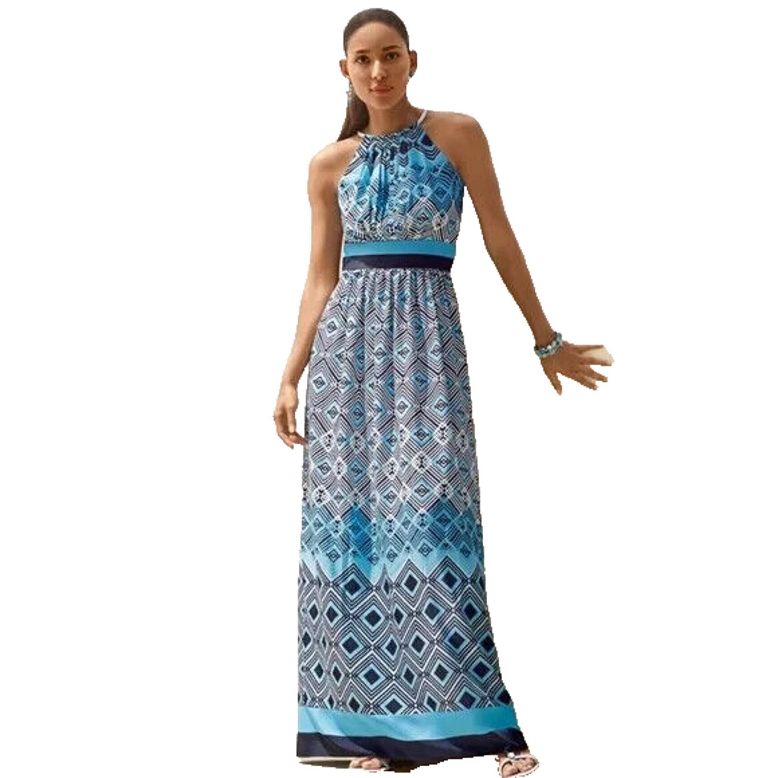 WHBM GEO PRINT BLUE SQUARES SILKY HALTER MAXI DRESS - SZ M