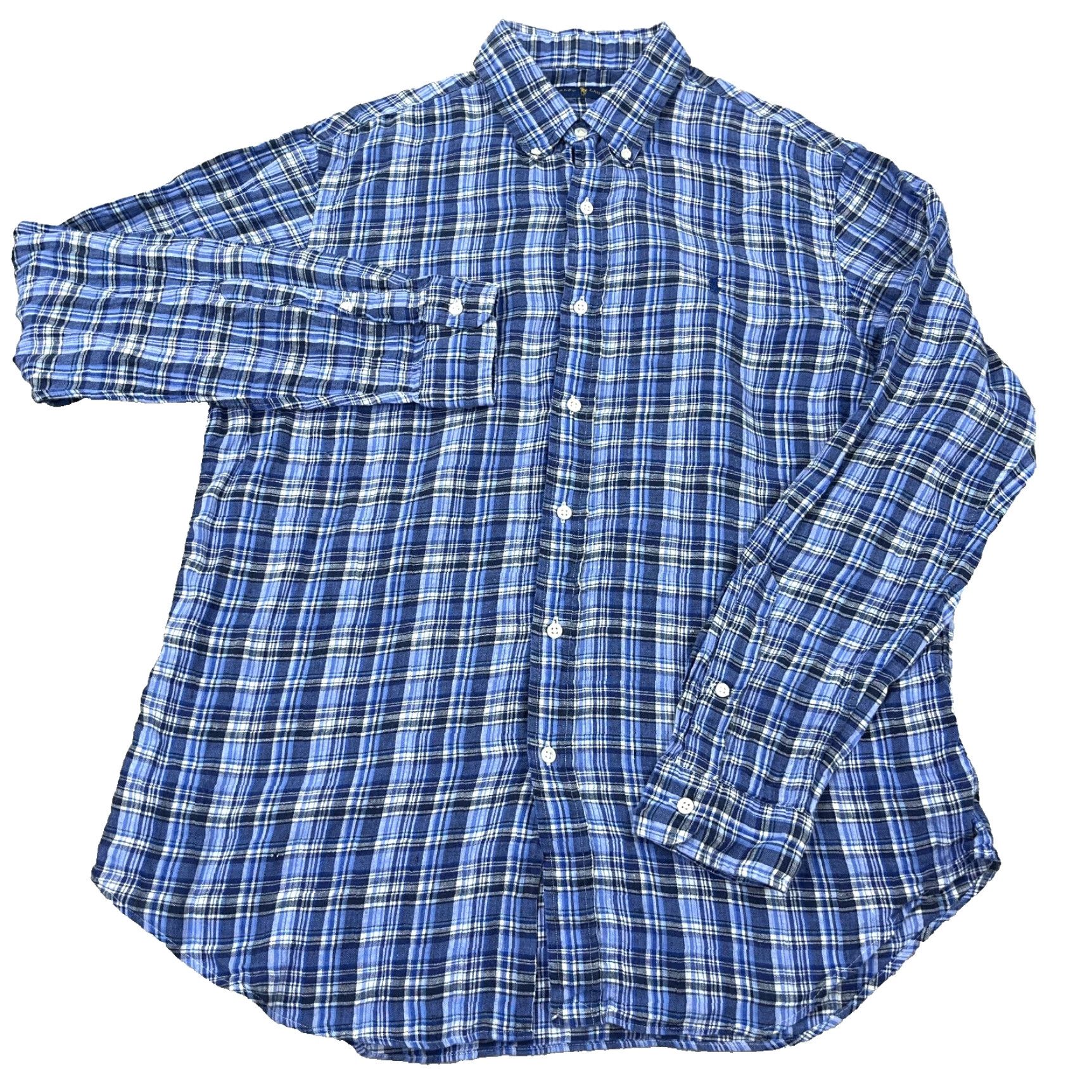Ralph Lauren Ralph Lauren Linen Shirt Men Large Blue Plaid Button-Up Casual Adult Shirt Size US L / EU 52-54 / 3 - 2 Thumbnail