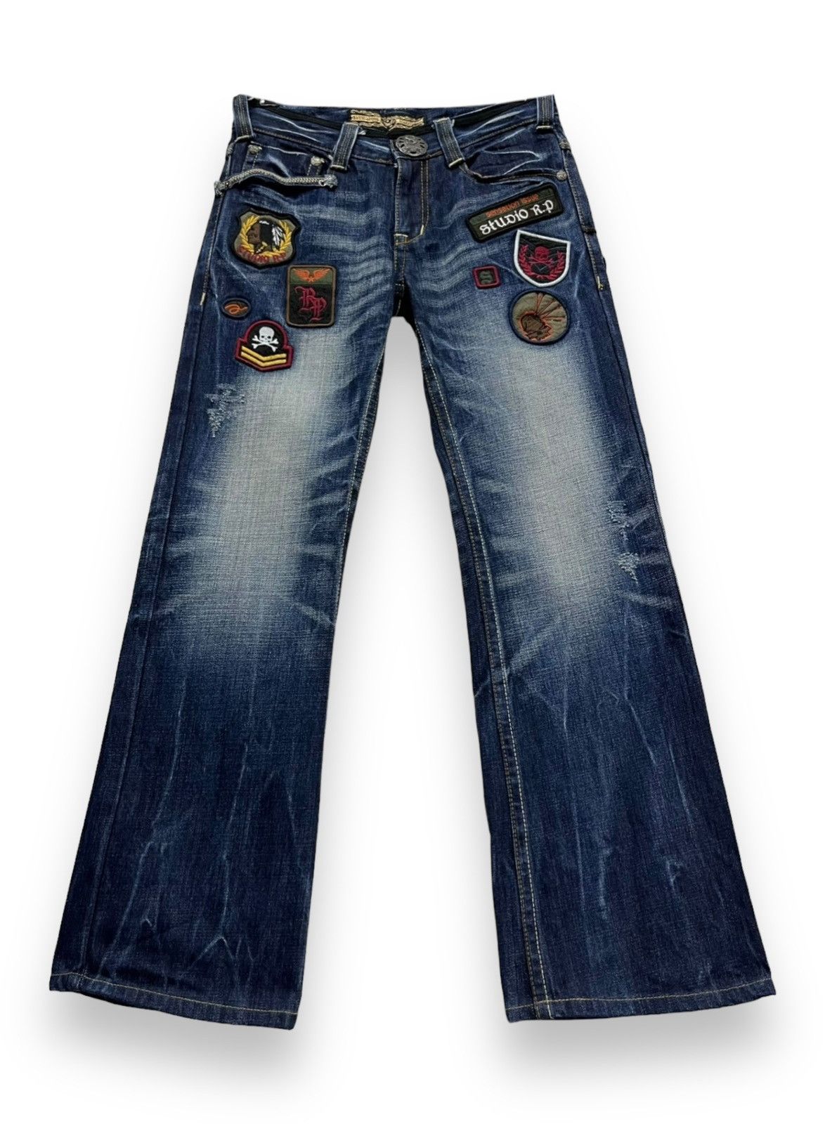 STUDIOUS FYE🔥STUDIO RP Punk Skull Patches Whiskered Blue Flare Denim Size US 28 / EU 44 - 4 Thumbnail