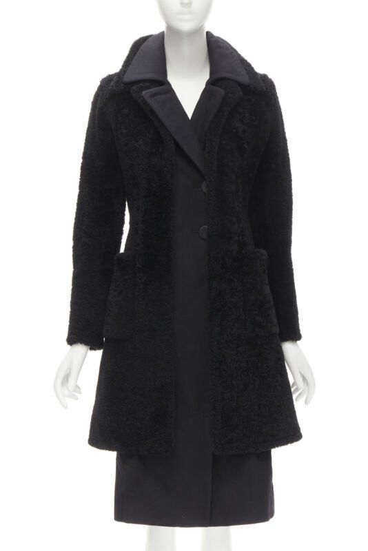 Celine OLD CELINE Phoebe Philo black lambskin shearling wool layered coat FR34 XS Size XS / US 0-2 / IT 36-38 - 1 Thumbnail