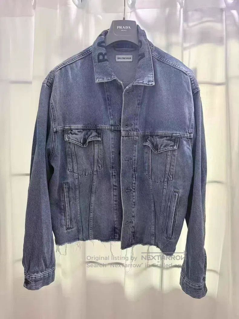 Balenciaga Balenciaga Blue Distressed Fringe Collar Embroidered Logo Size L / US 10 / IT 46 - 1 Thumbnail