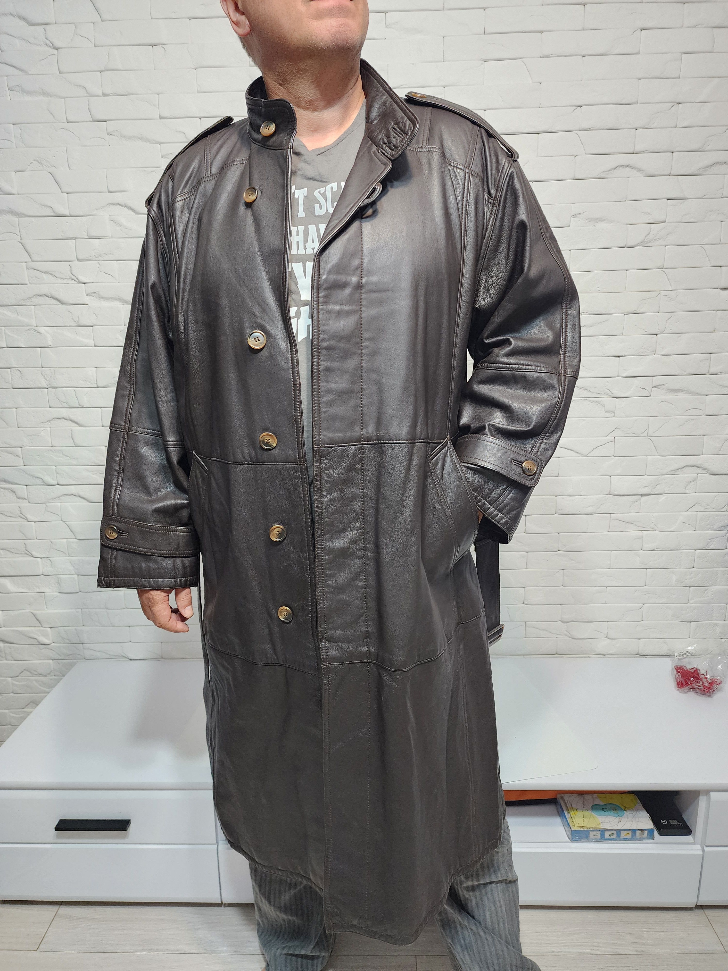 Designer Brown Genuine Leather Men's Coat with Belt Size US L / EU 52-54 / 3 - 5 Thumbnail