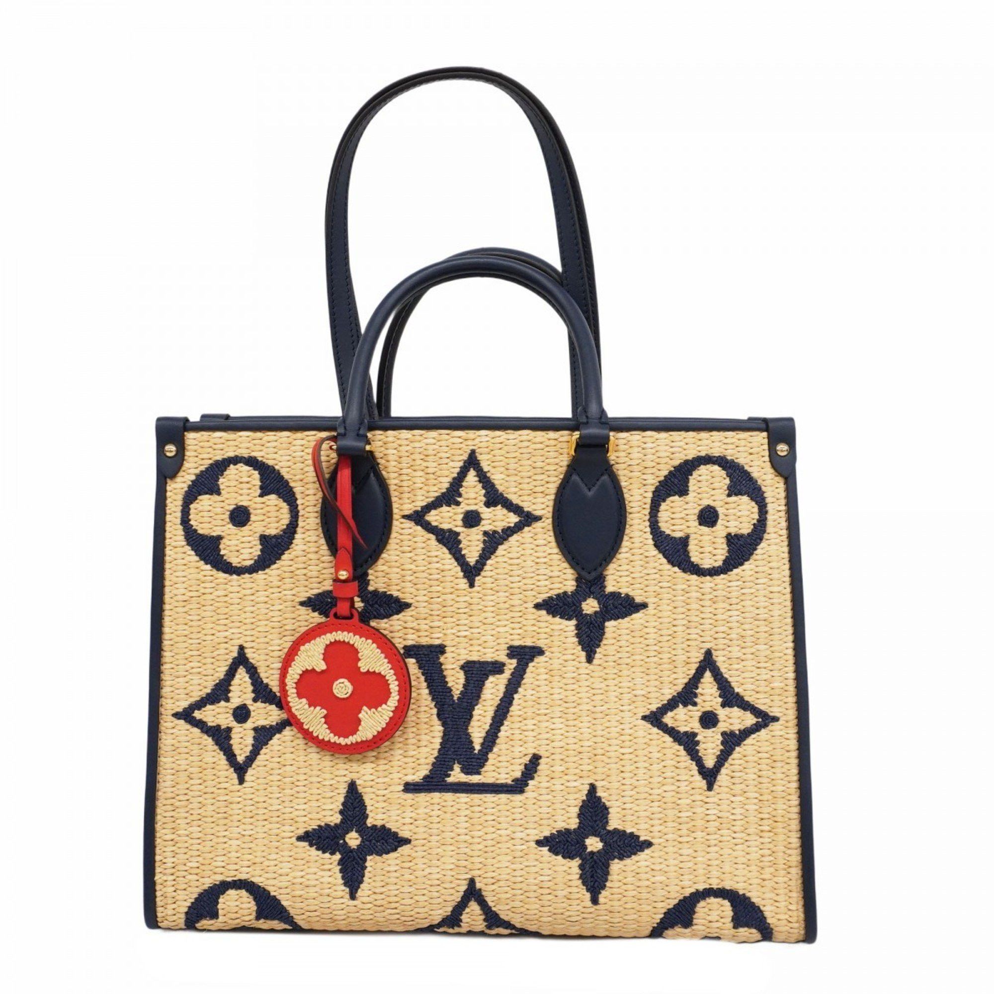 Louis Vuitton Tote Bag Monogram Raffia On The Go Mm M57723 Blue Beige Women's
