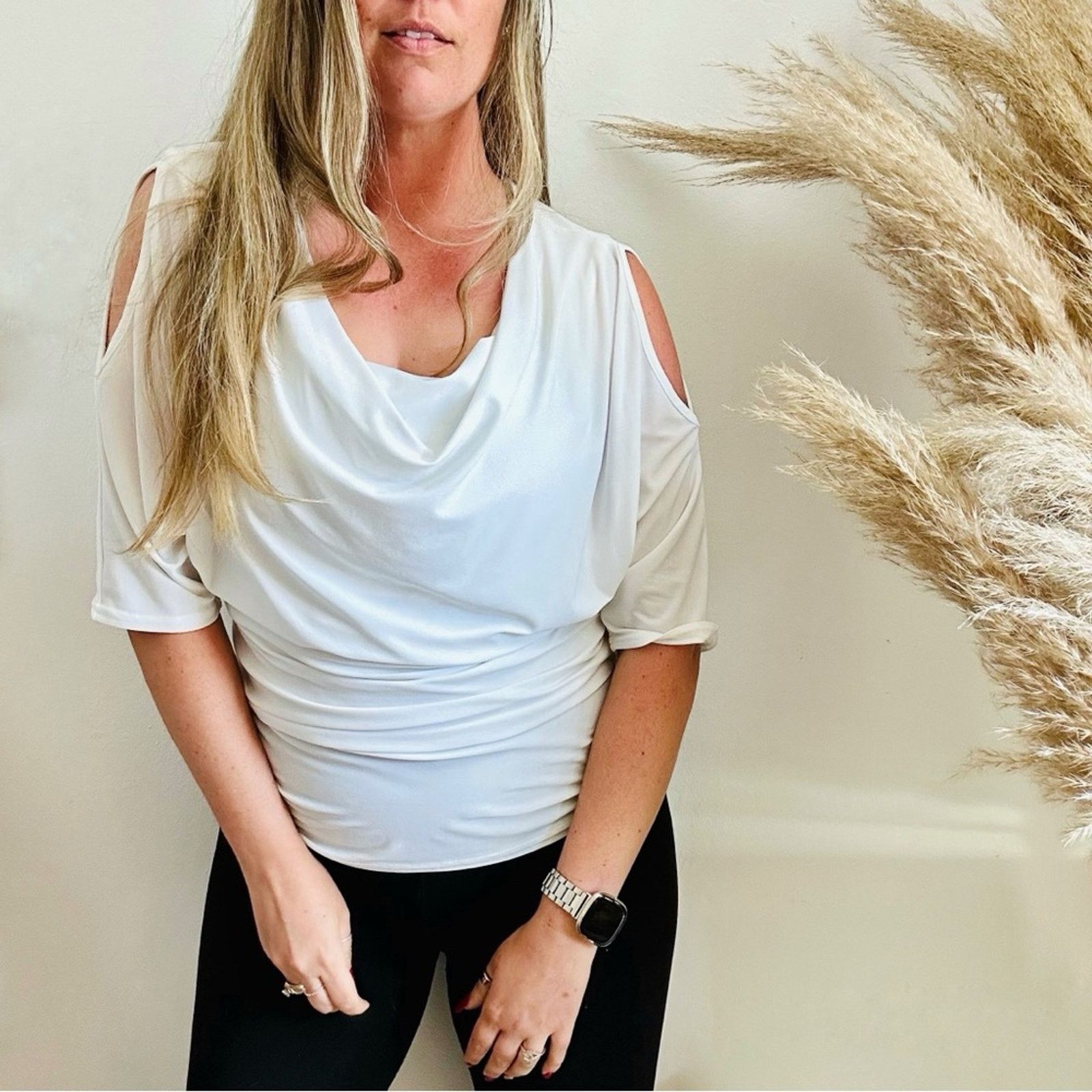 Joseph Ribkoff JOSEPH RIBKOFF White Ruche Cold Shoulder Blouse Shirt Top Size M / US 6-8 / IT 42-44 - 12 Thumbnail