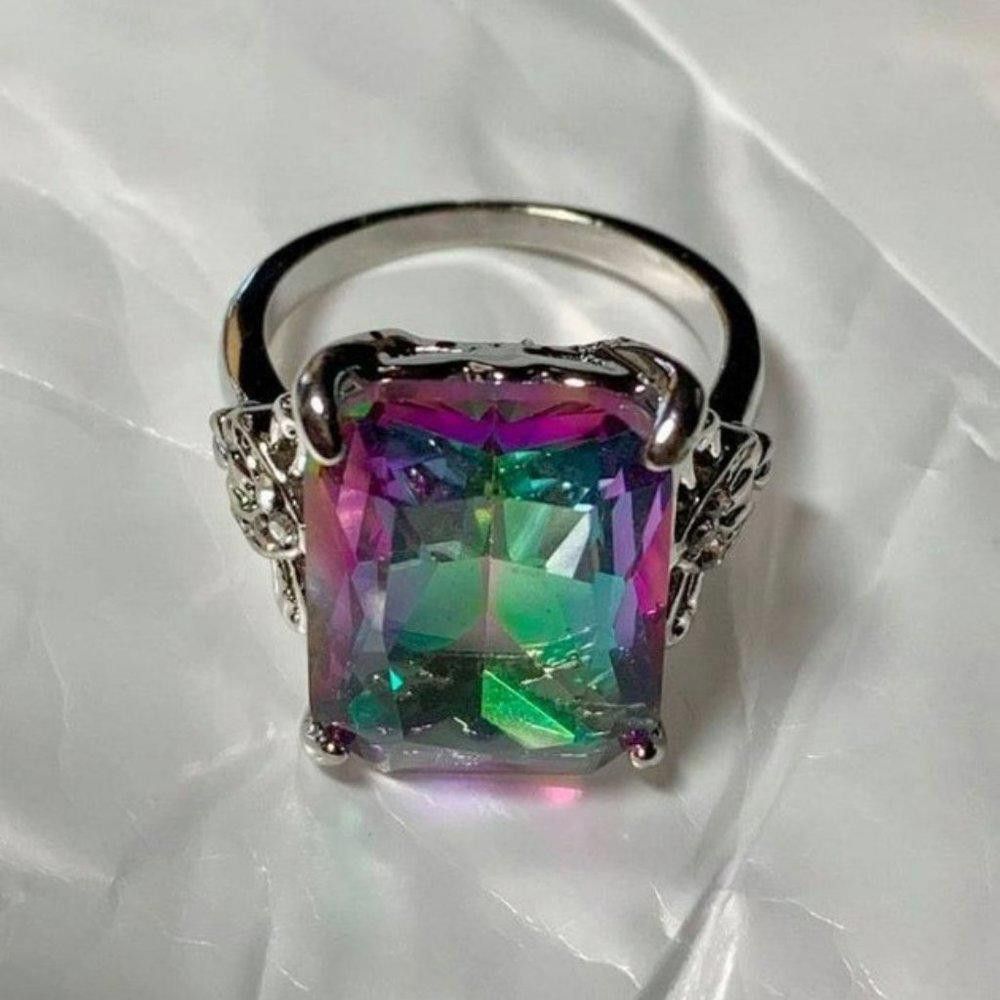 Designer Huge Rectangle Rainbow Mystic Topaz Vintage Silver Ring Size ONE SIZE - 7 Thumbnail