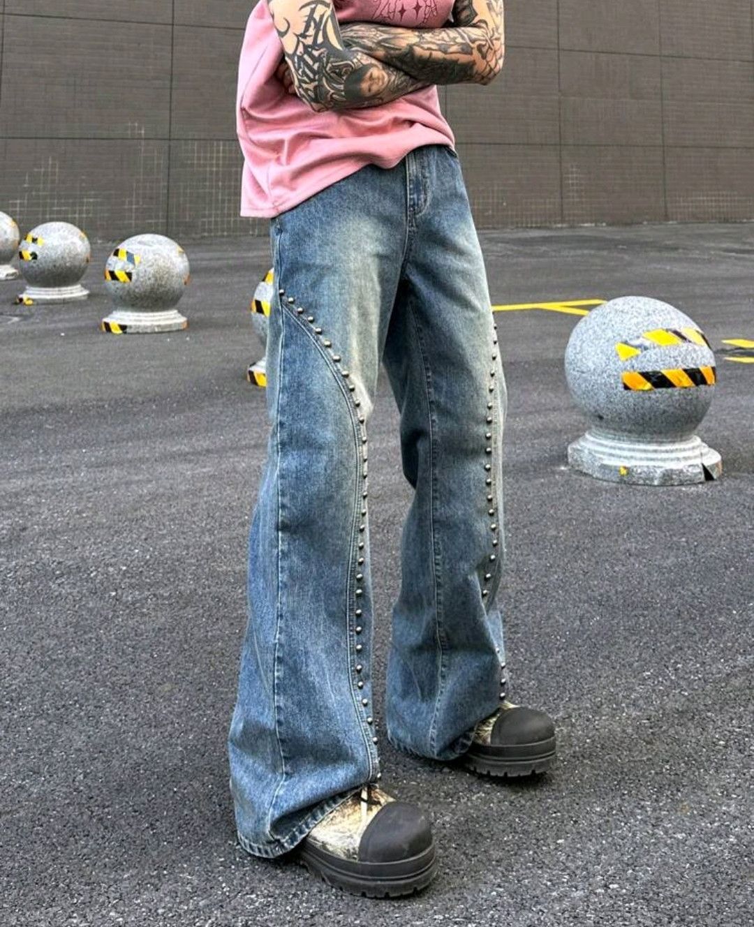 Jean Vintage Street Style Retro Washed Metal Stud Flared Jeans Size US 30 / EU 46 - 6 Thumbnail