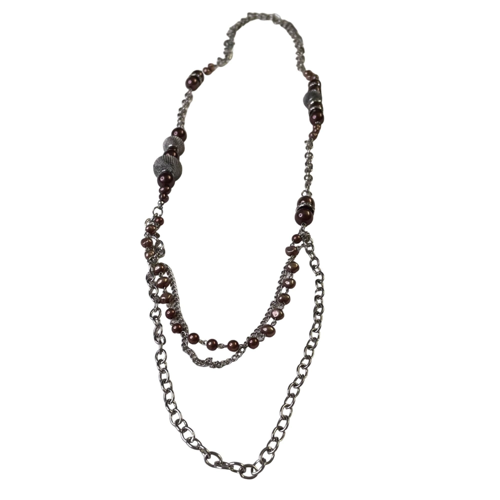 Other Long Silver Tone Chain Necklace Brown Beads Mesh Accents Fas Size ONE SIZE - 6 Thumbnail