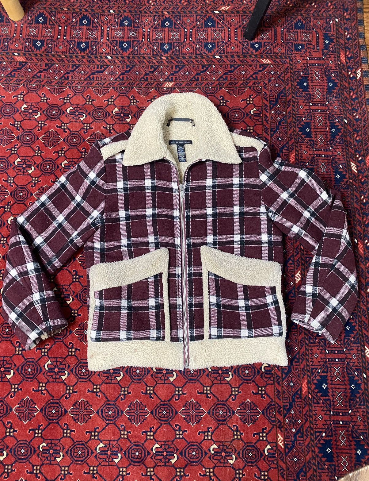 image of Marc By Marc Jacobs x Marc Jacobs Marc Jacob’S Plaid Sherpa Coat in Burgandy, Men's (Size Medium)