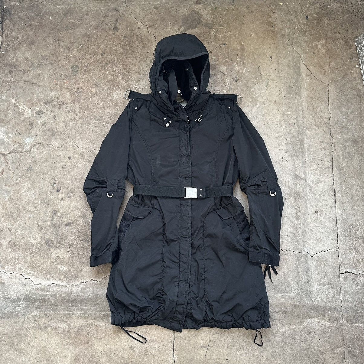 Marithe + Francois Girbaud 🔥BLACK nylon BONDAGE LONG JACKET MFG Size L / US 10 / IT 46 - 3 Thumbnail